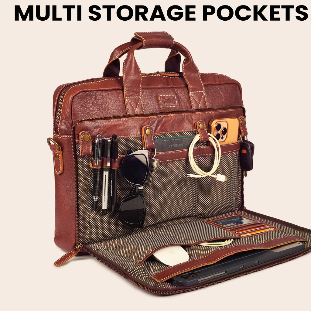 Leather Laptop Messenger Briefcase Bag - RED