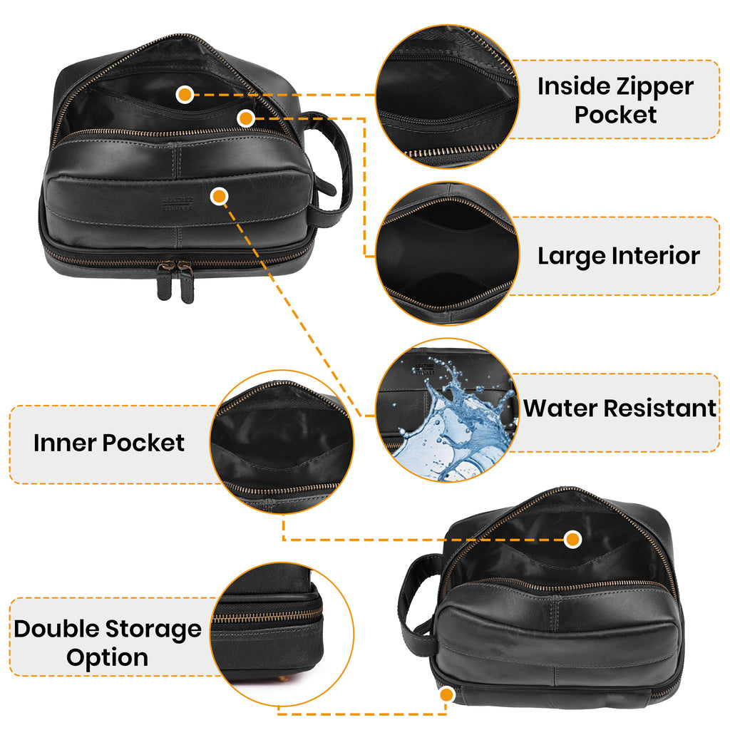 Leather Village Black Leather Cosmetic and Toiletry Organizer Pouch