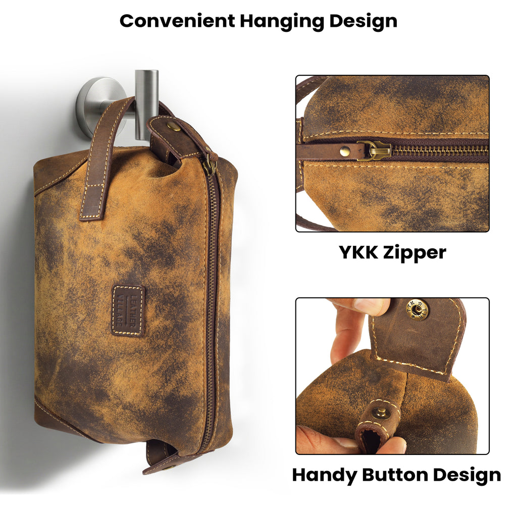 Leather Village Handmade Brown Leather Shaving Bag for Travel and Daily Grooming