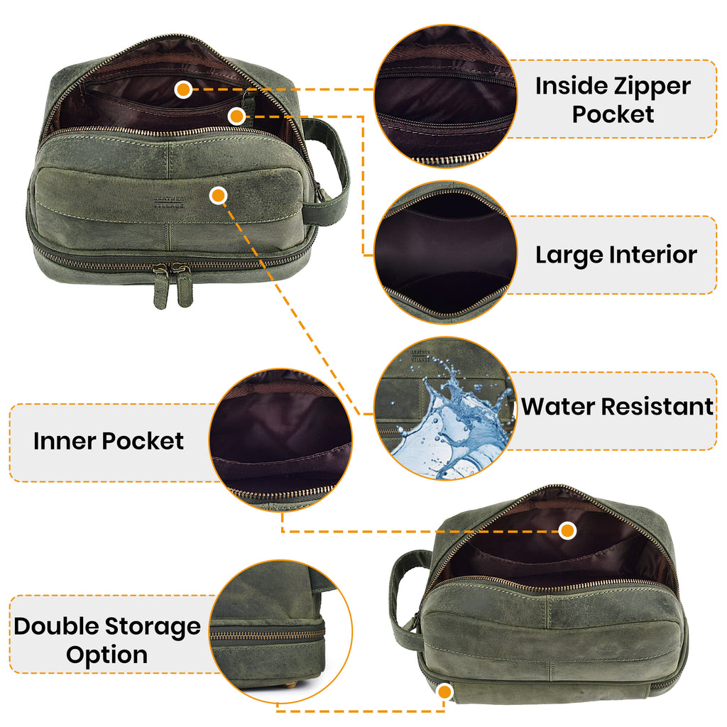 Leather Village Olive Leather Grooming Bag for Gym Business Trips and Weekend Travel