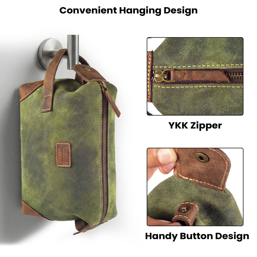 Leather Village Handmade Green Leather Shaving Bag for Travel and Daily Grooming