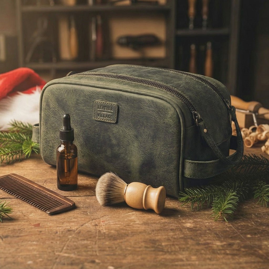 Olive Leather Toiletry Bag for Travel