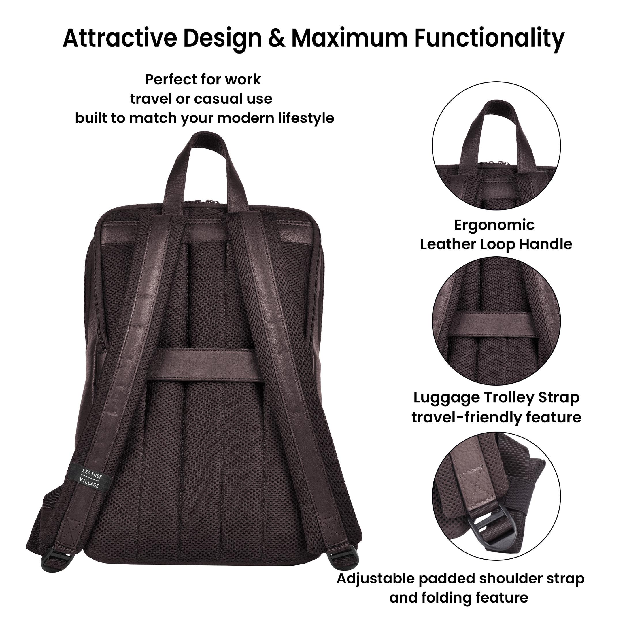 Dark Brown Leather Laptop Backpack for Work & Travel