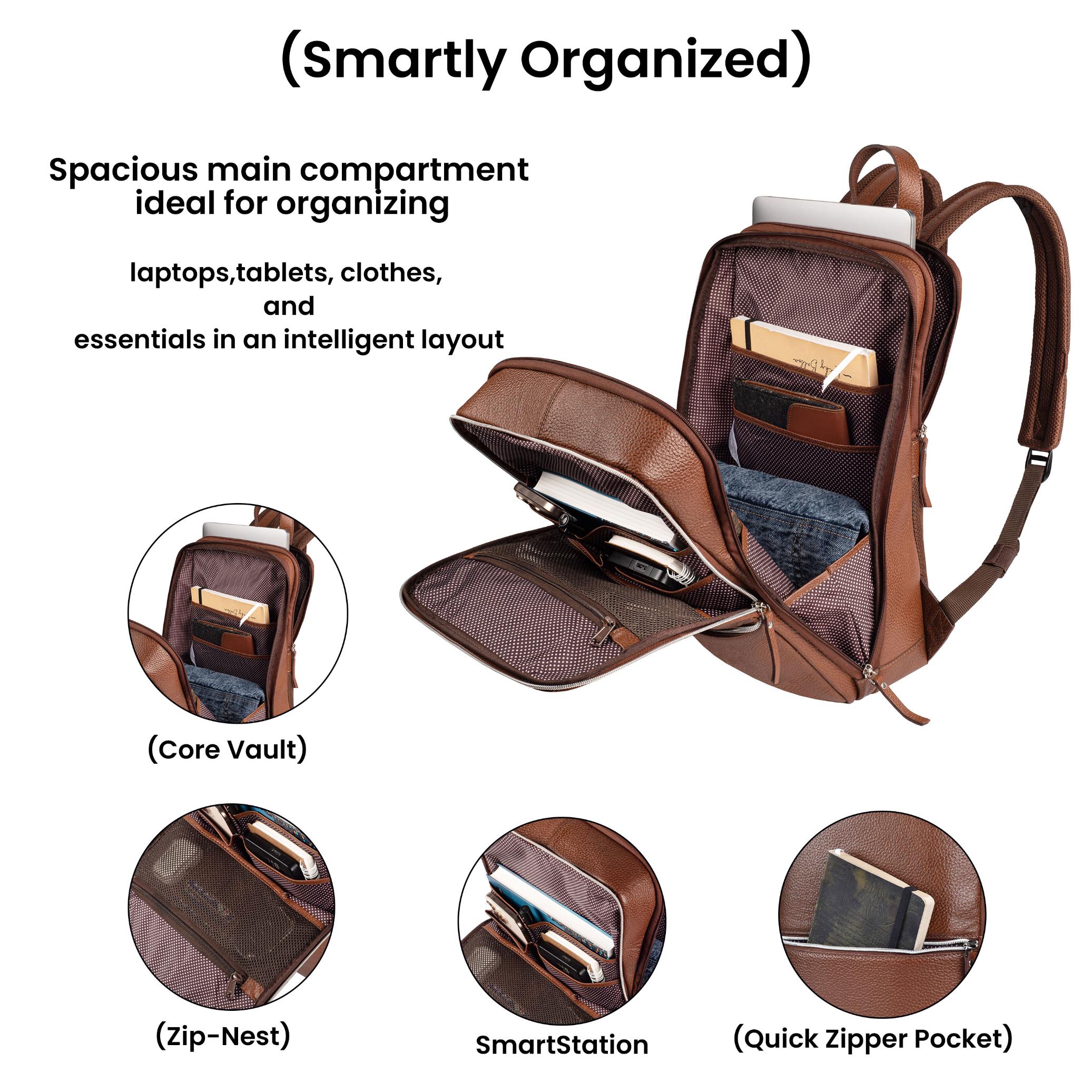 Cognac Leather Laptop Backpack for Work & Travel
