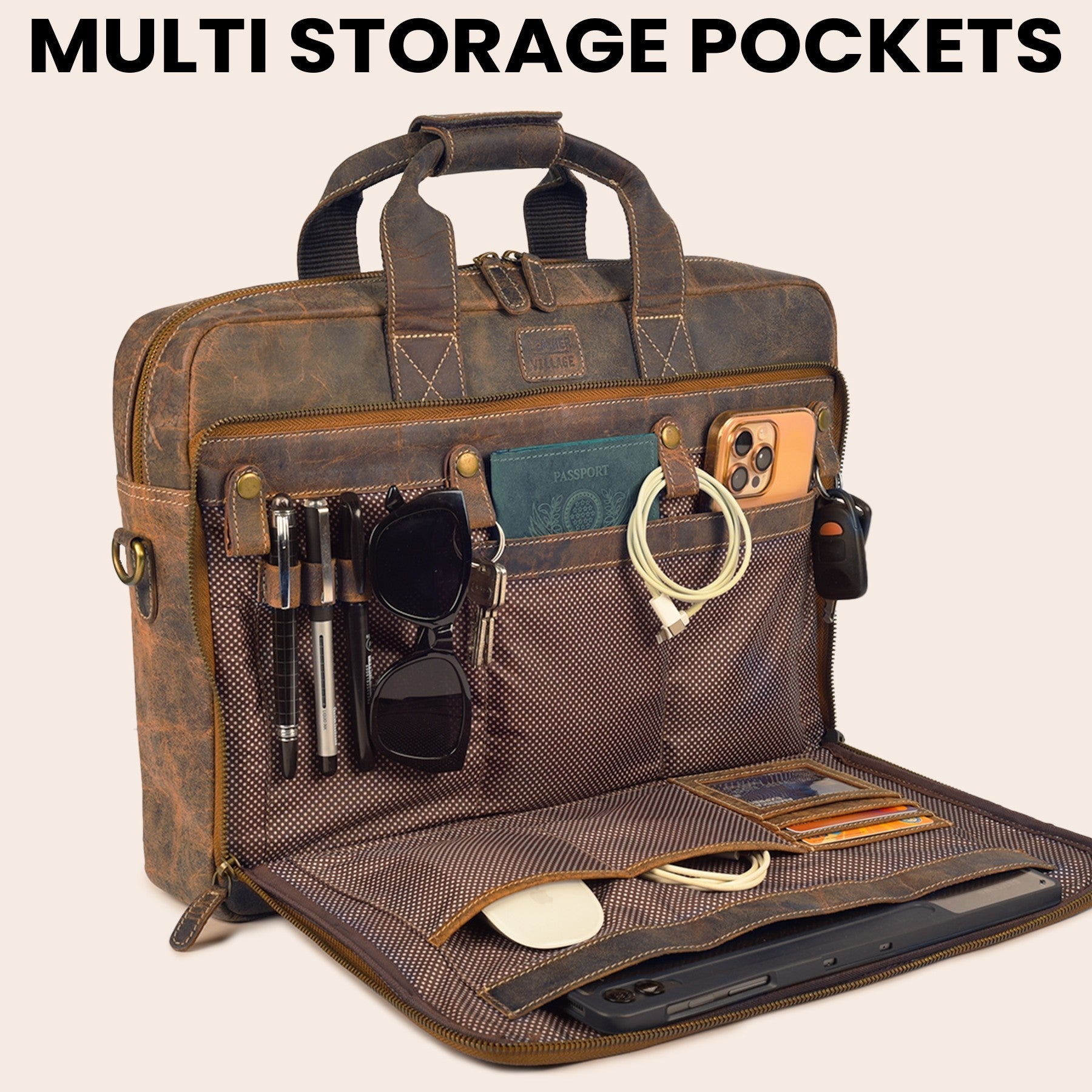 Leather Laptop Messenger Briefcase Bag - Cappuccino Brown