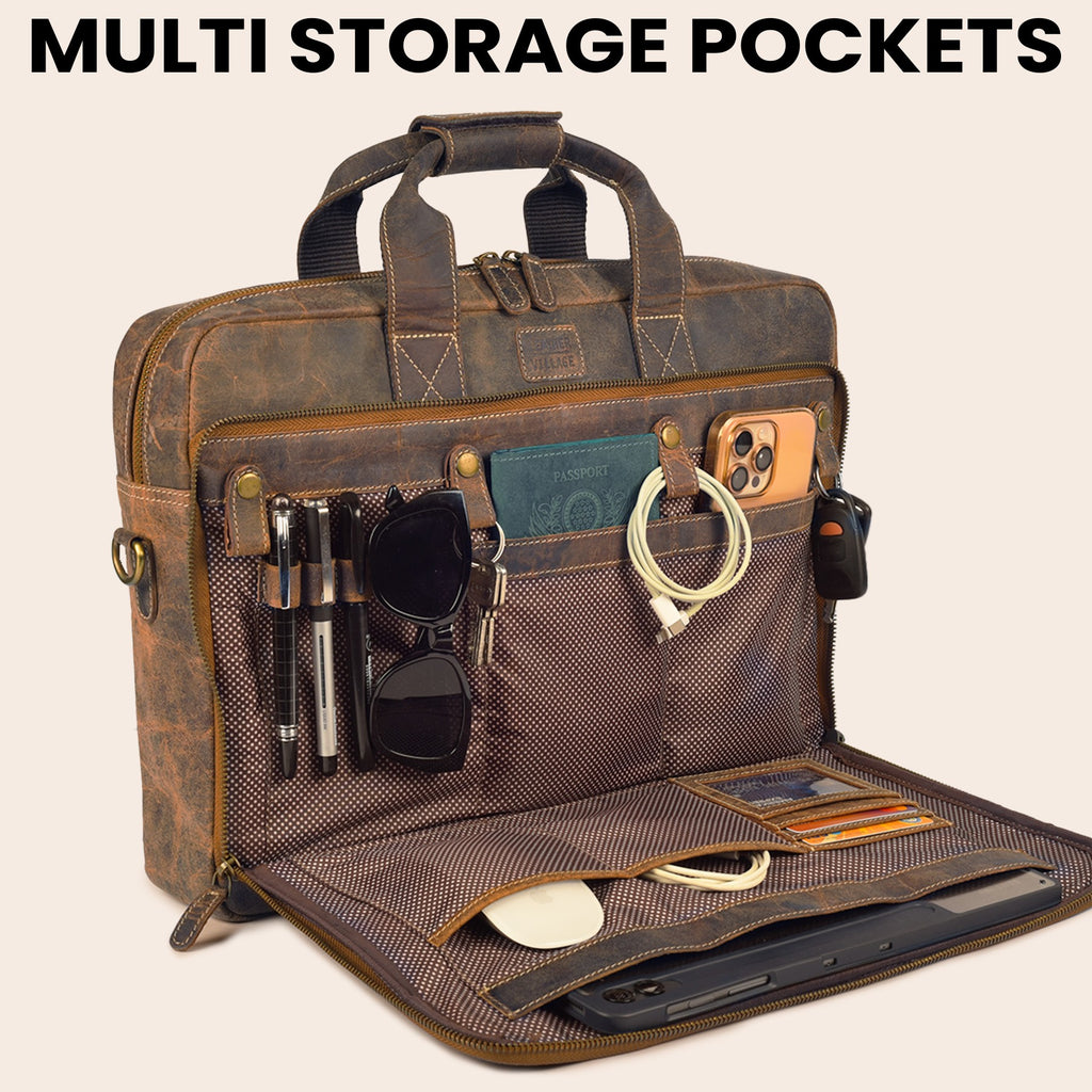 Leather Laptop Messenger Briefcase Bag - Cappuccino Brown