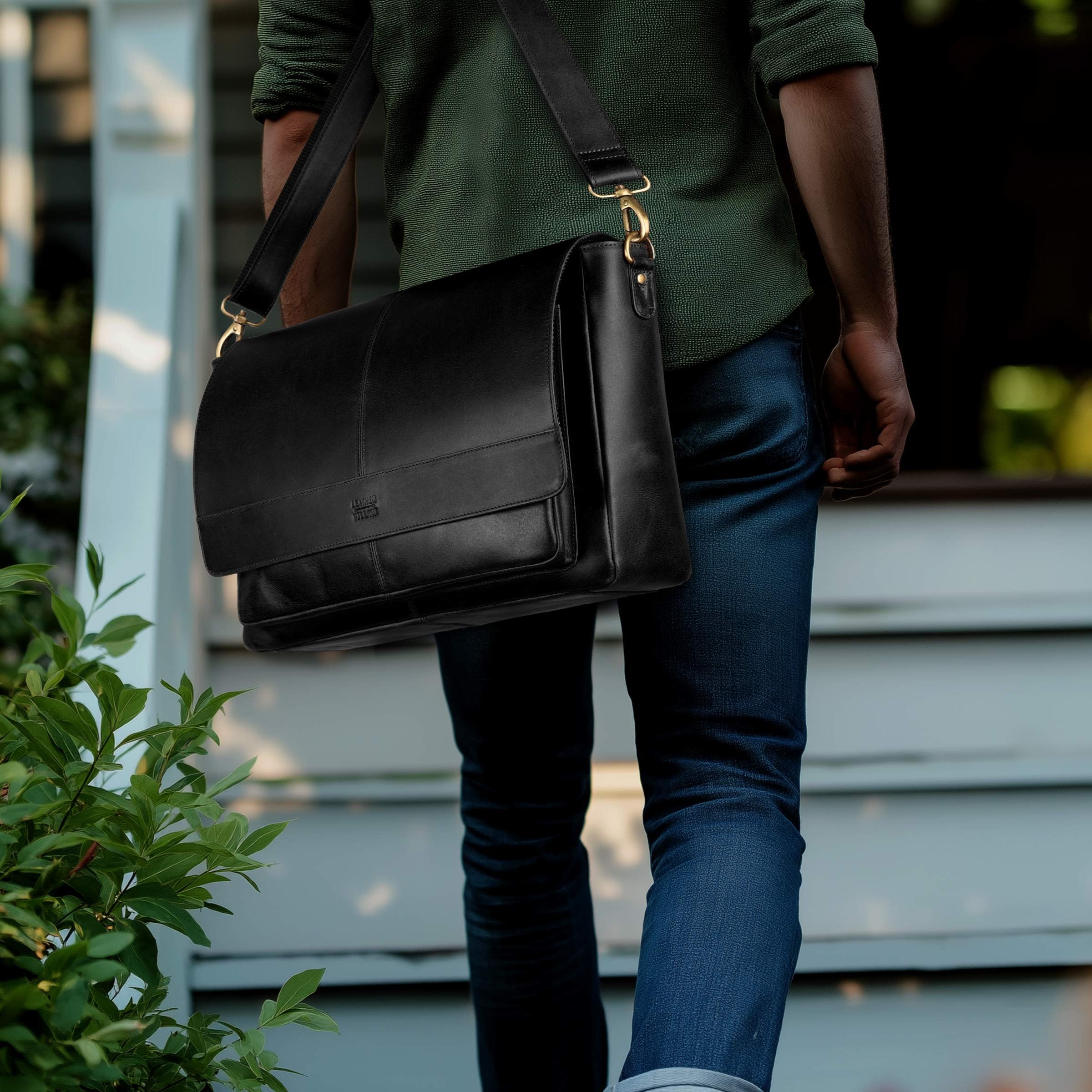 Handmade Vintage Leather Messenger Bag - Black