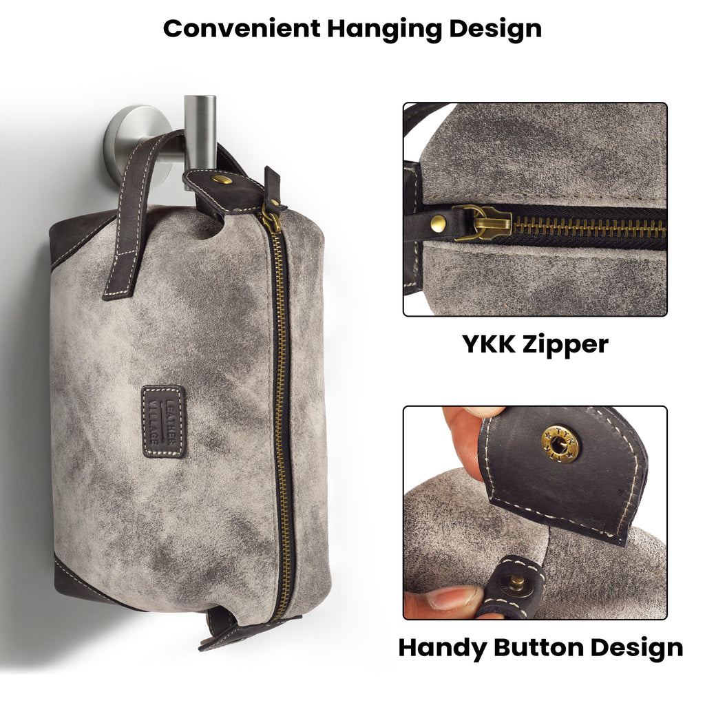 Leather Village Handmade Grey Leather Shaving Bag for Travel and Daily Grooming