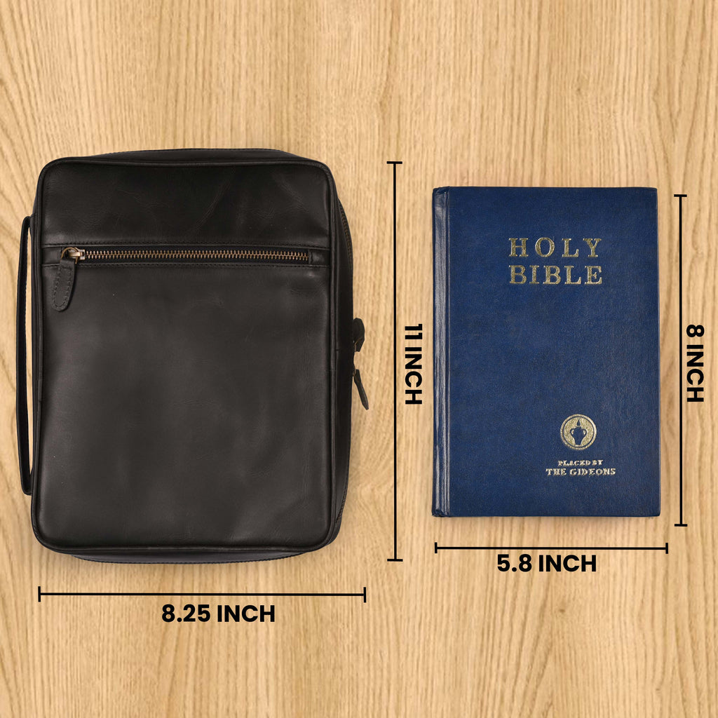 Black Leather Bible Cover with Zipper - Protective Bible Case