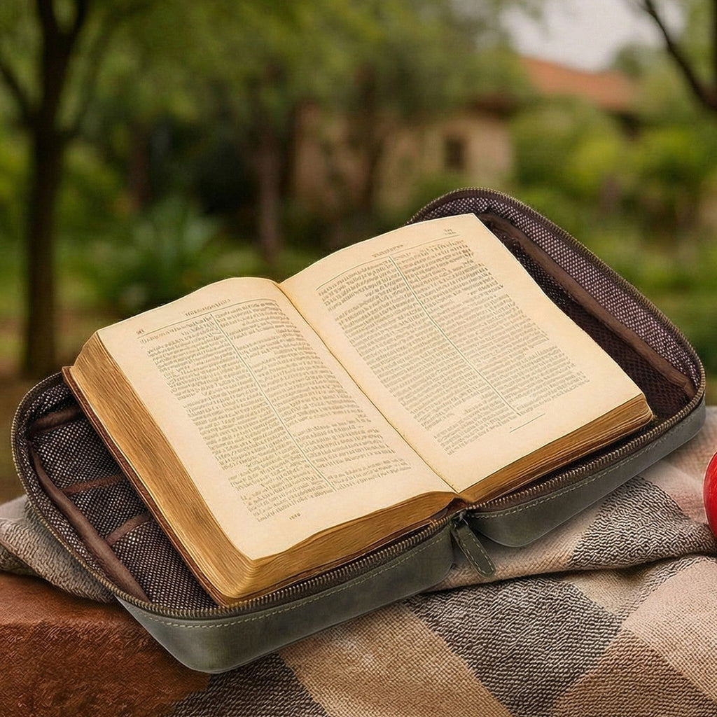 Olive Leather Bible Cover with Zipper - Protective Bible Case Leather Village