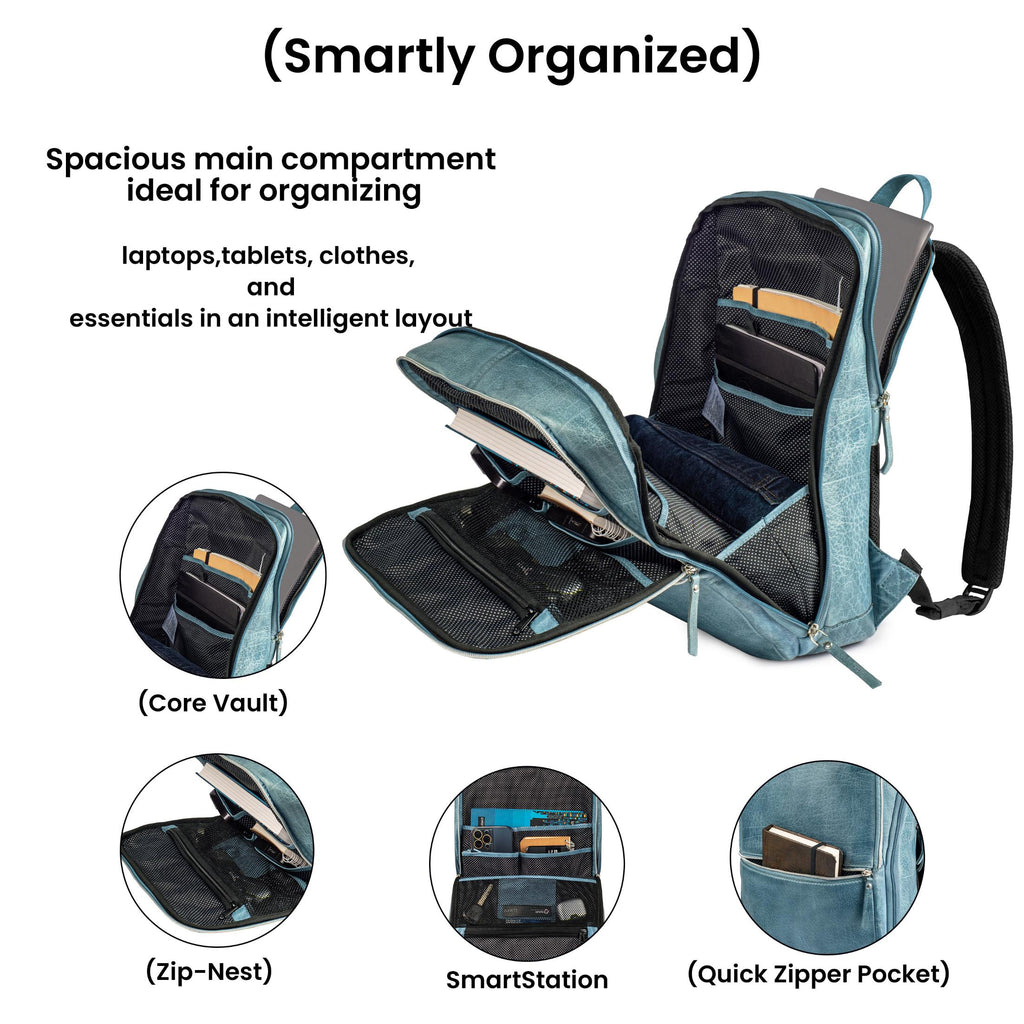 Teal Blue Leather Laptop Backpack for Work & Travel Leather Village