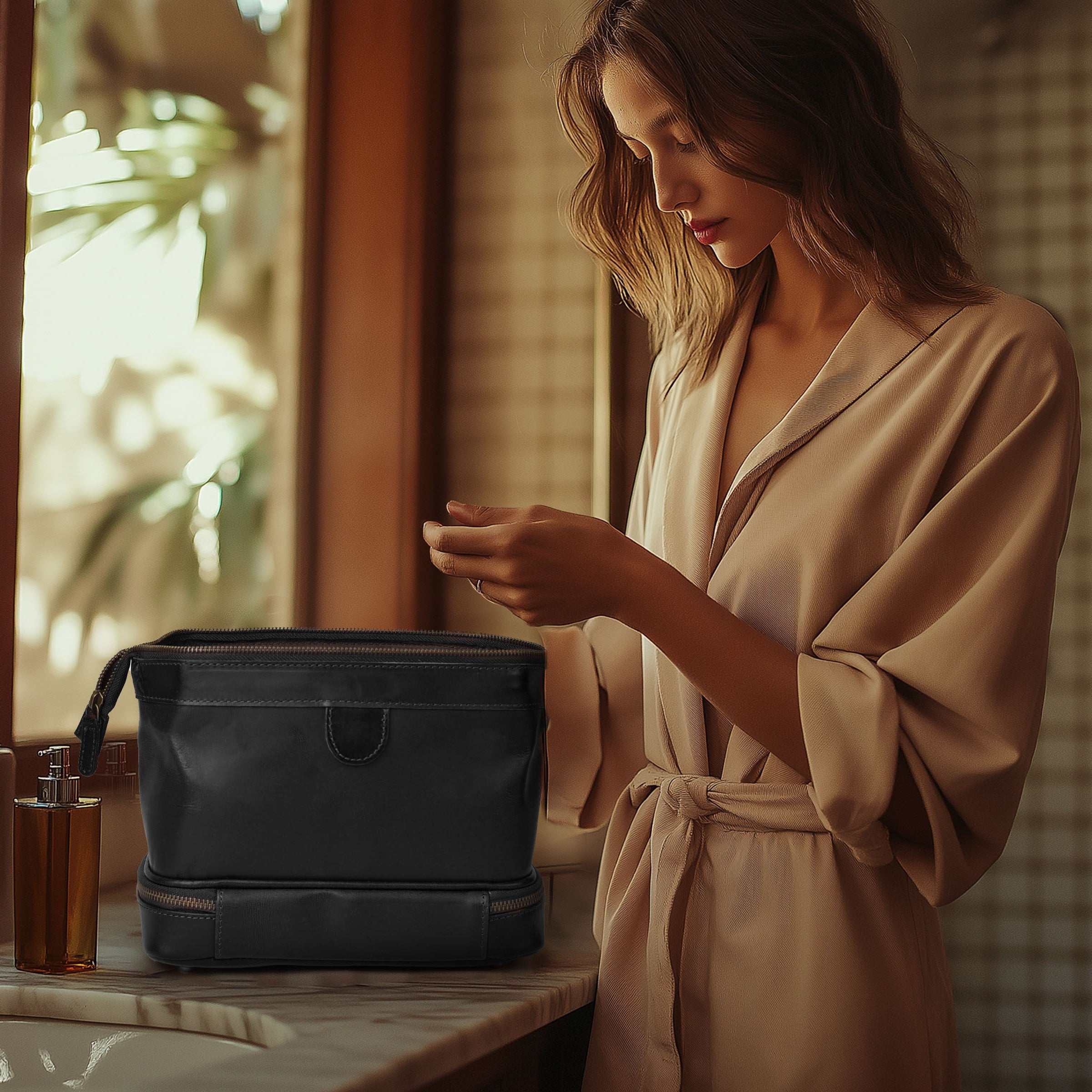 Genuine Leather Toiletry Bag for Men & Women - Mens Toiletry Shower Organizer Dopp Kit , Pouch for Traveling