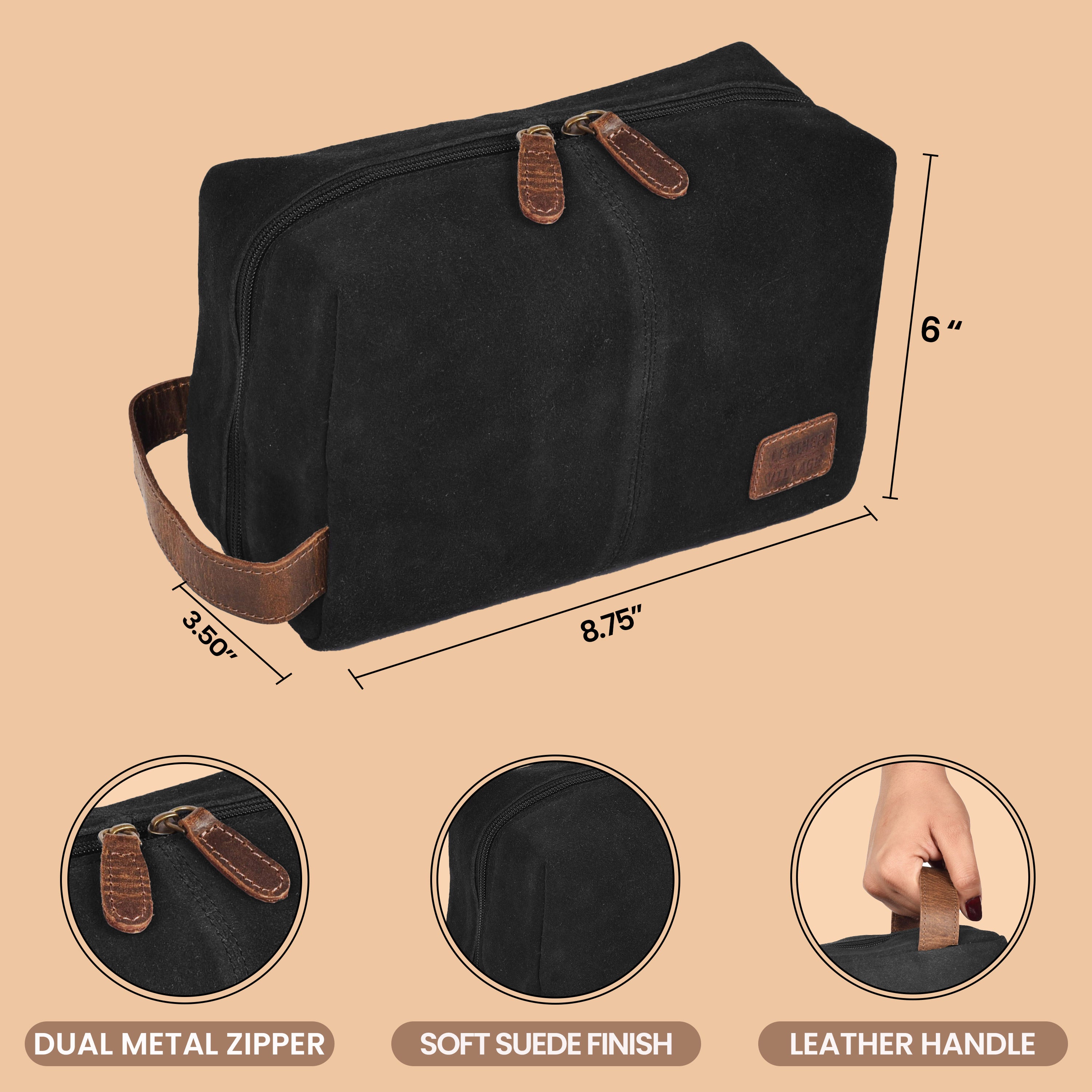 Travel Makeup Bag for Women – Large Capacity Suede Leather Cosmetic Pouch with Handle, Inner Pockets & Wide Opening – Flat Open Toiletry Organizer for Travel & Daily Use