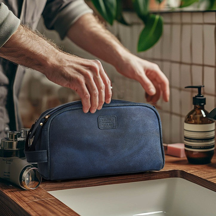 Blue Leather Toiletry Bag for Travel