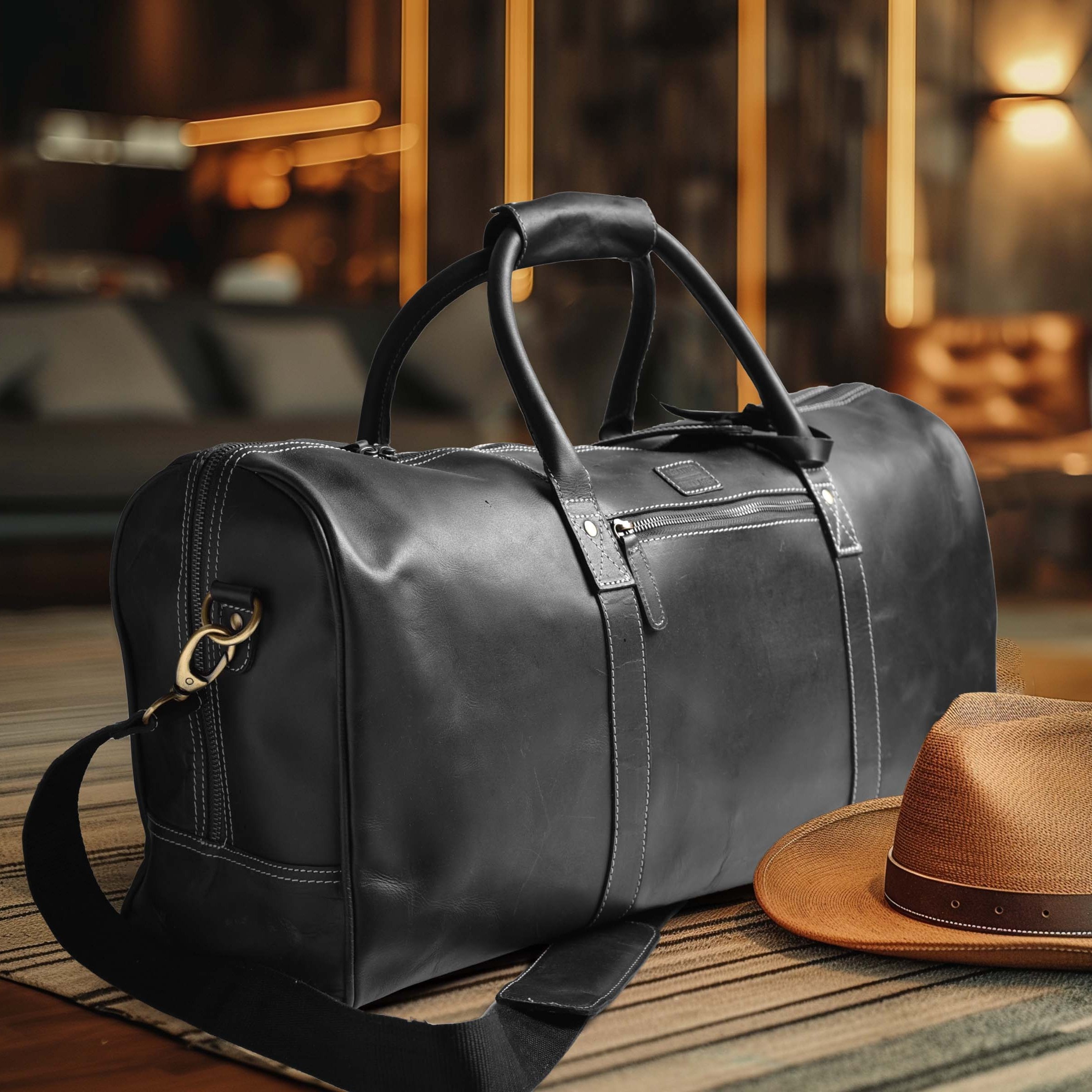 Leather Travel Duffel Bag - Black
