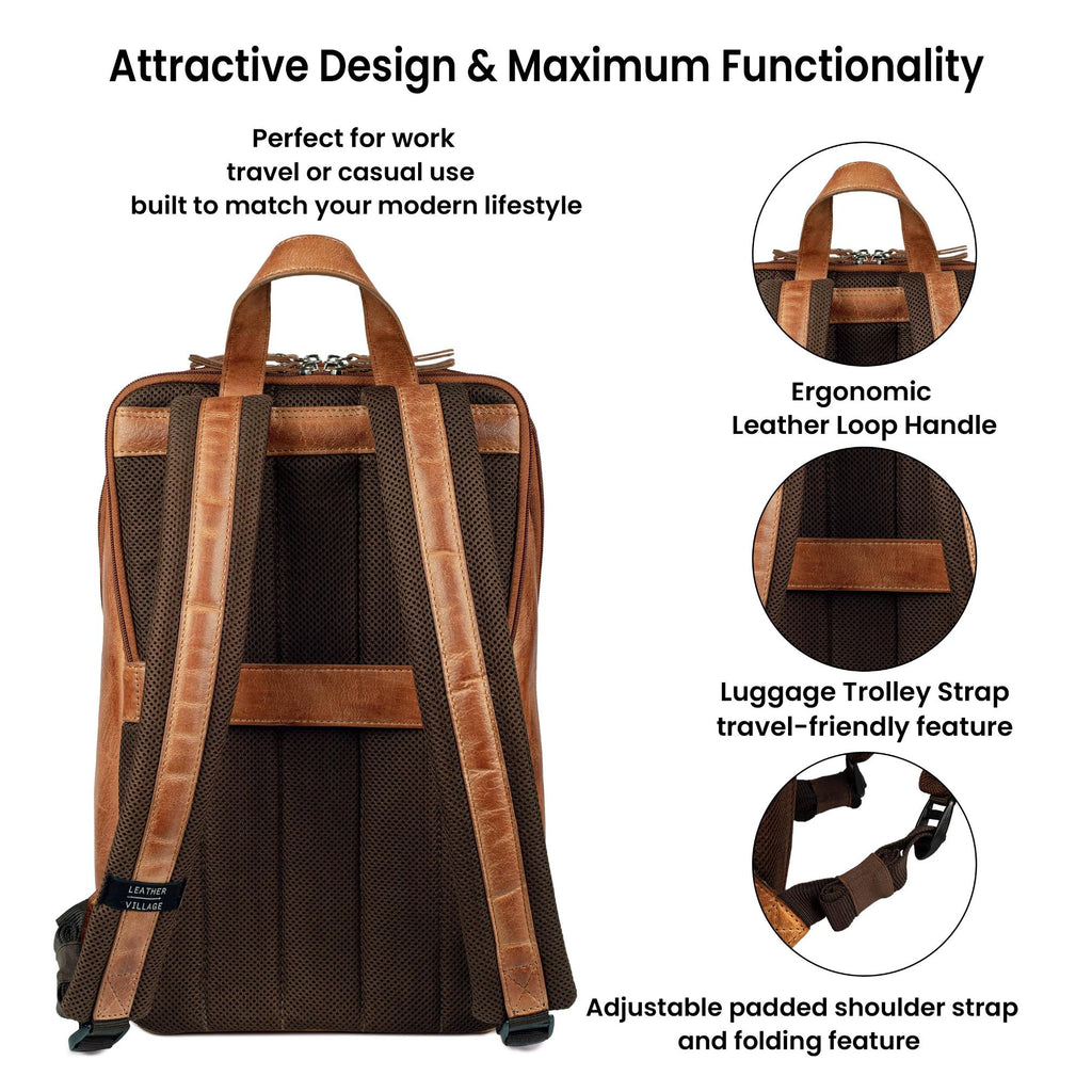 Tan Brown Leather Laptop Backpack for Work & Travel