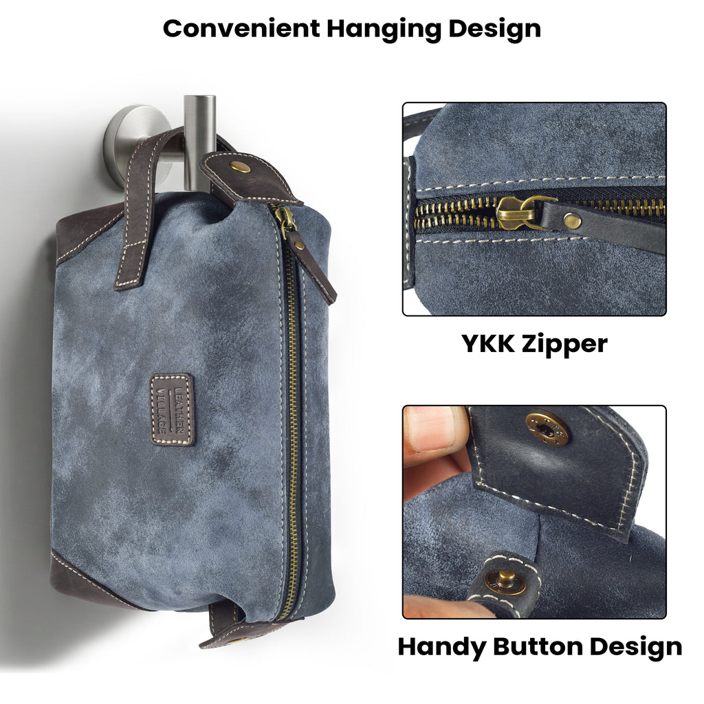 Leather Village Handmade Blue Leather Shaving Bag for Travel and Daily Grooming