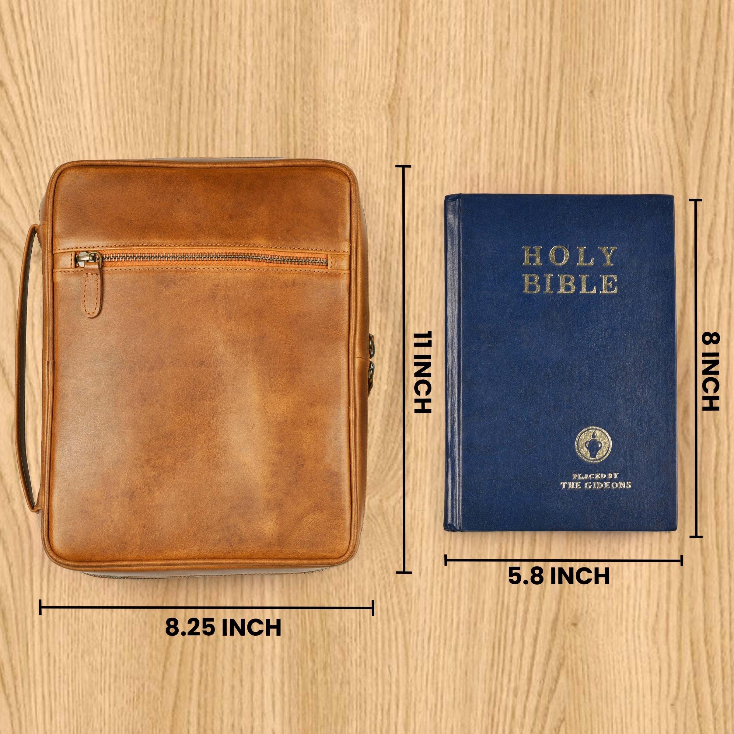 Tan Leather Bible Cover with Zipper - Protective Bible Case Leather Village