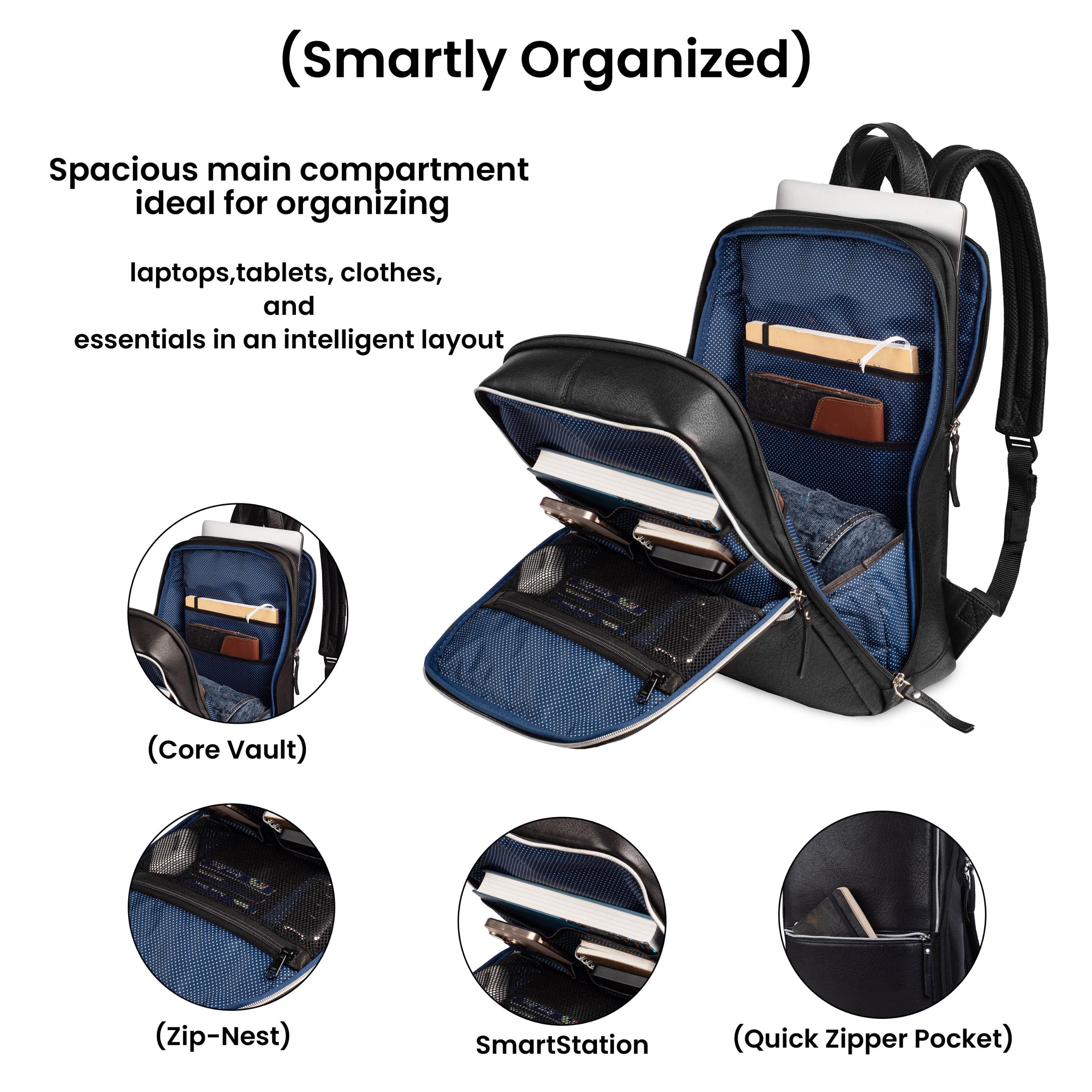 Black Leather Laptop Backpack for Work & Travel