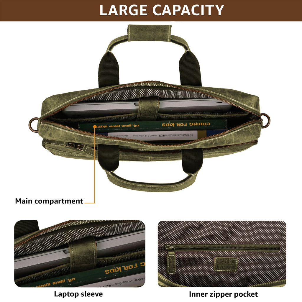 Leather Laptop Messenger Briefcase Bag - OLIVE Leather Village