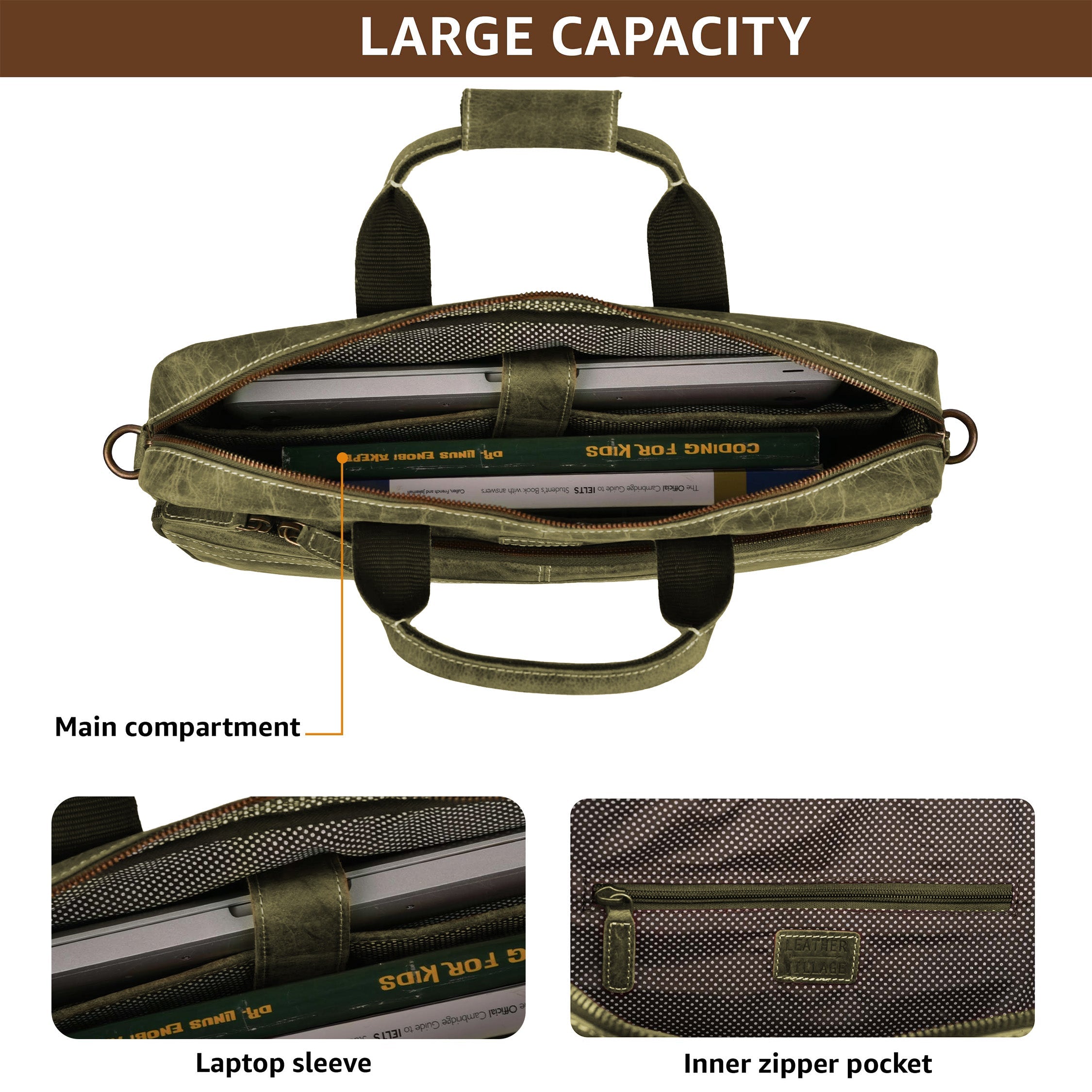 Leather Laptop Messenger Briefcase Bag - OLIVE Leather Village