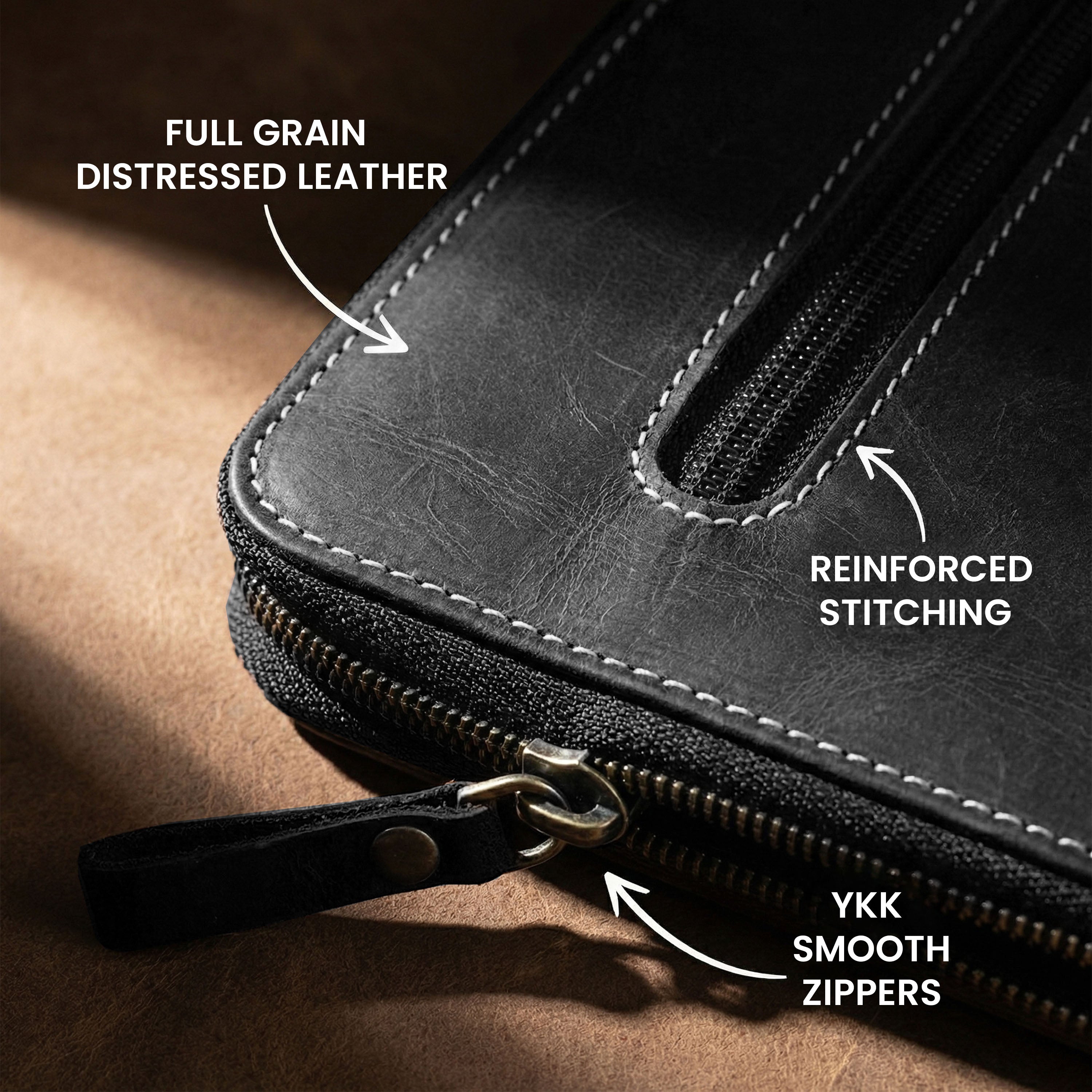 Leather Zipper Padfolio Ring Binder Organizer for Men & Women -Black