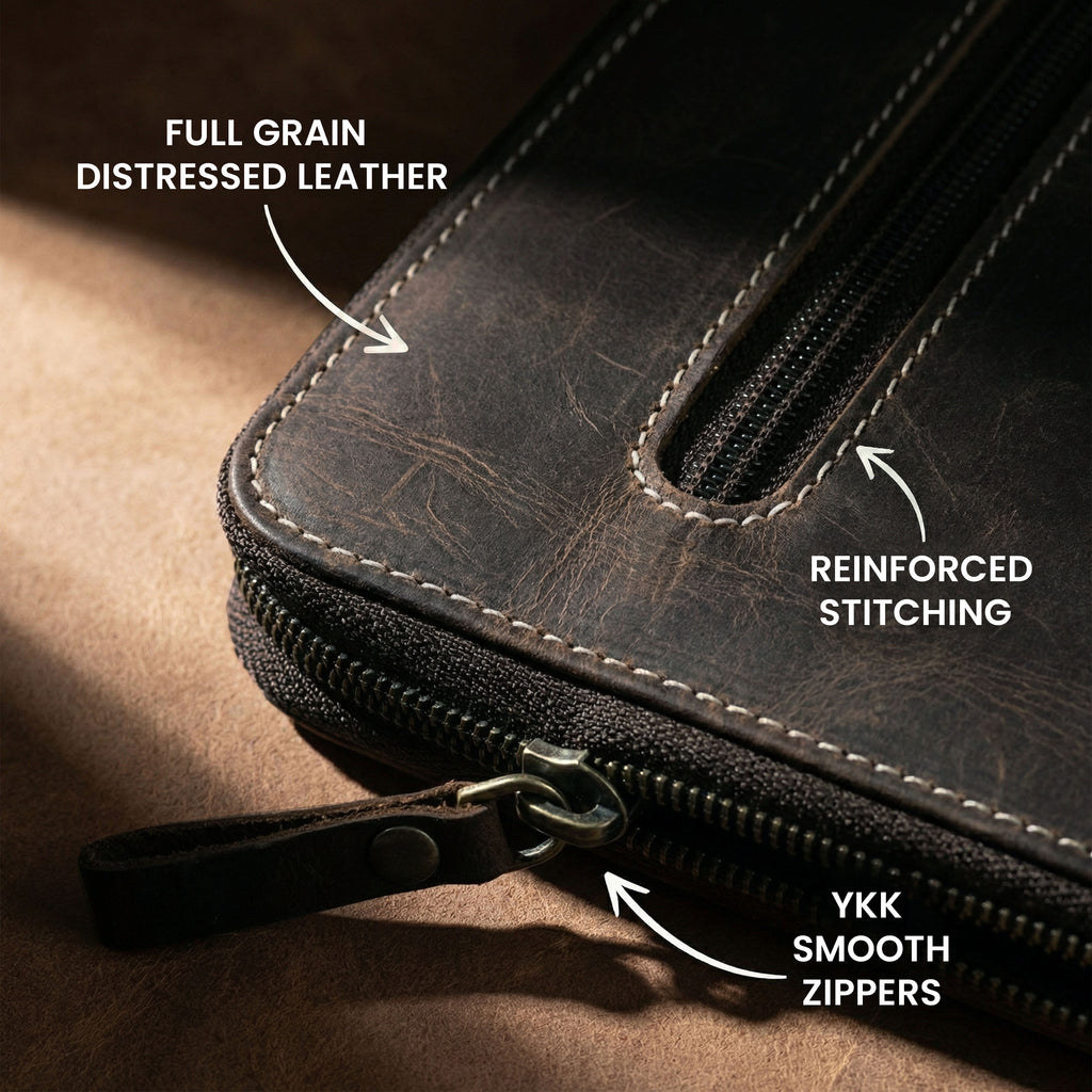 Leather Zipper Padfolio Ring Binder Organizer for Men & Women -Brown