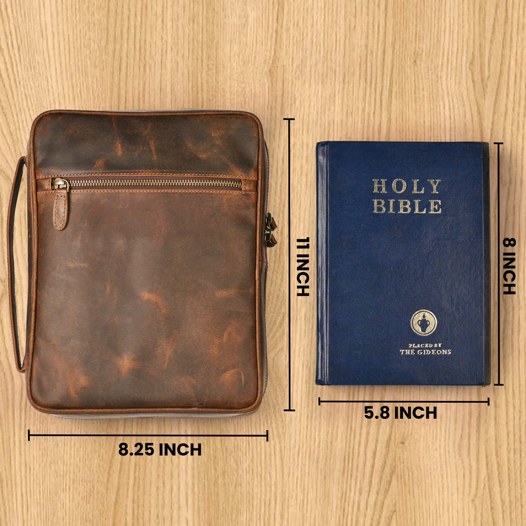 Distressed Brown Leather Bible Cover with Zipper - Protective Bible Case Leather Village