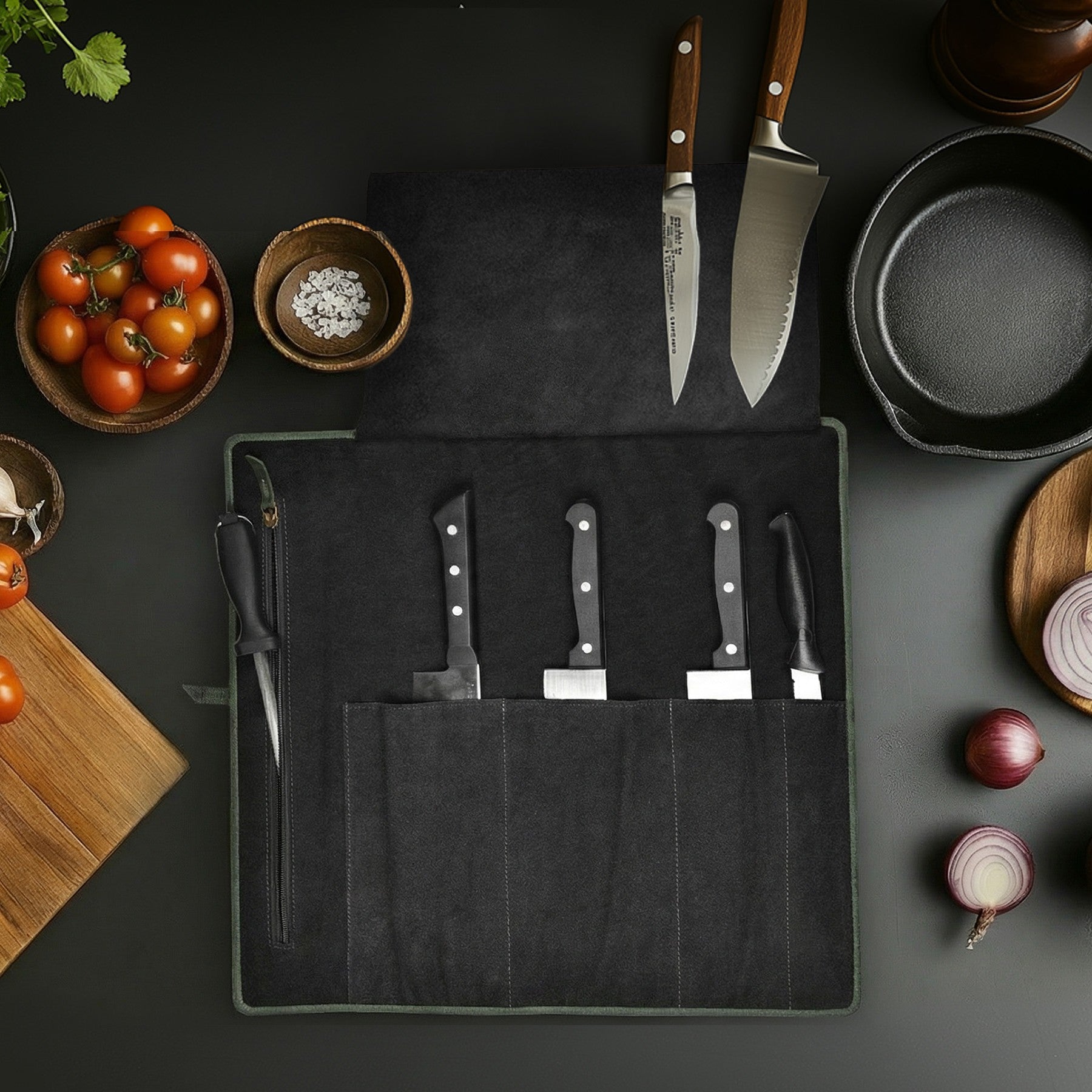 Genuine Leather Knife Roll Case - Olive Leather Village