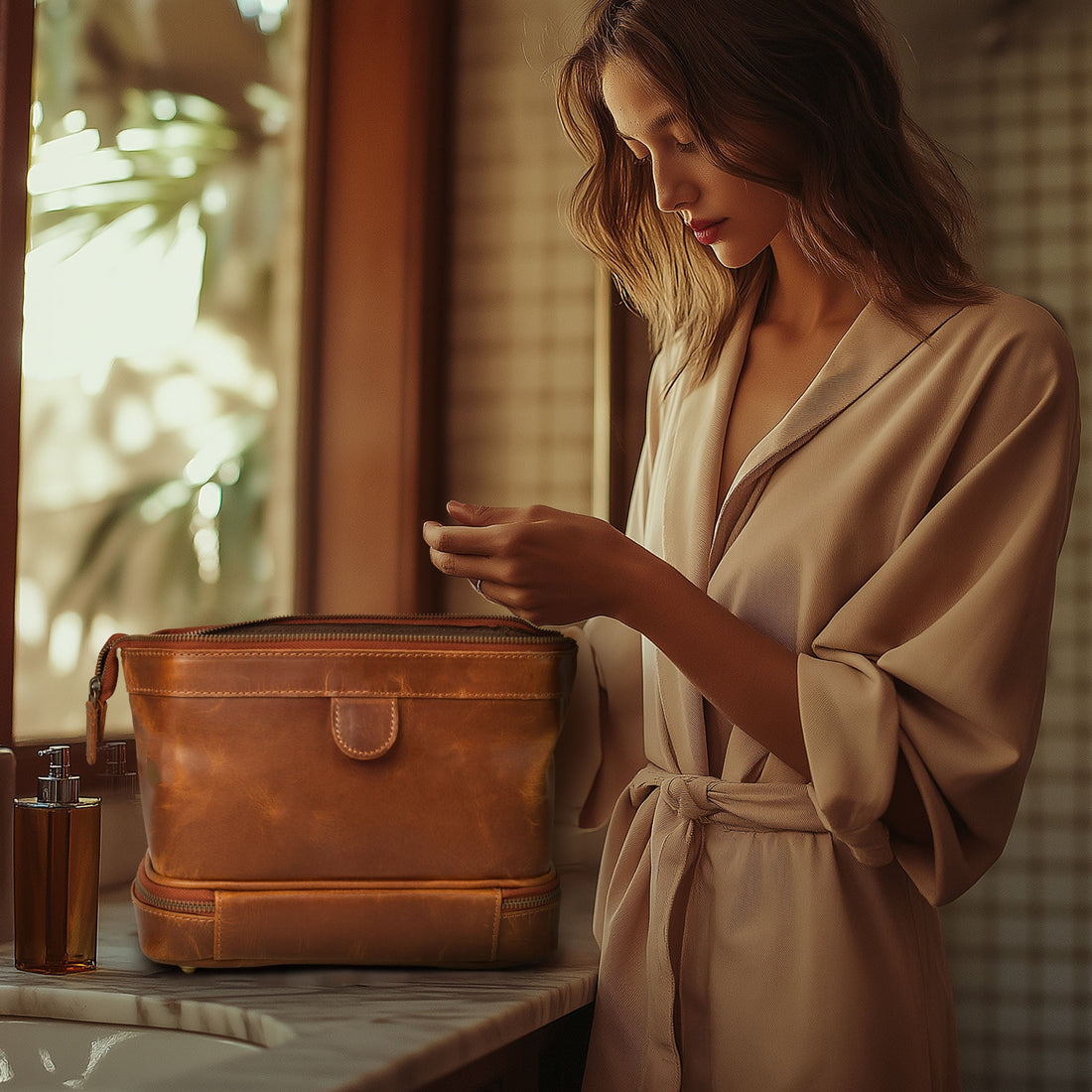 Genuine Leather Toiletry Bag for Men & Women - Mens Toiletry Shower Organizer Dopp Kit , Pouch for Traveling