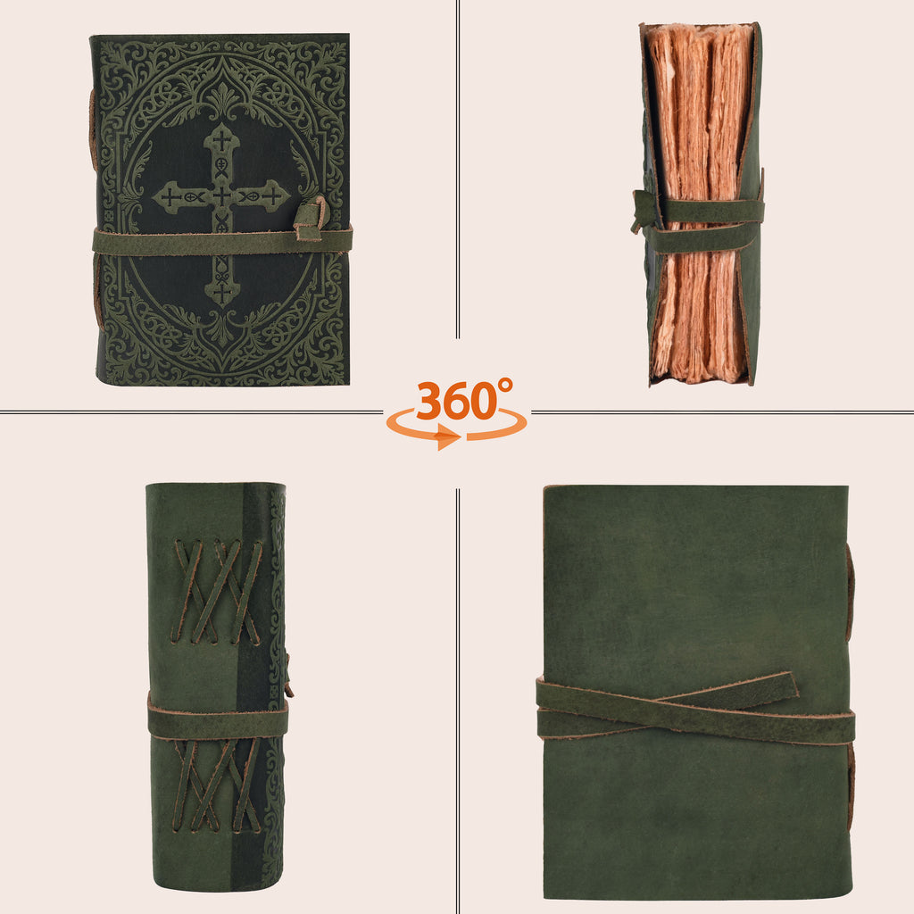 Elegant green leather bound Holy Bible with handcrafted detailing