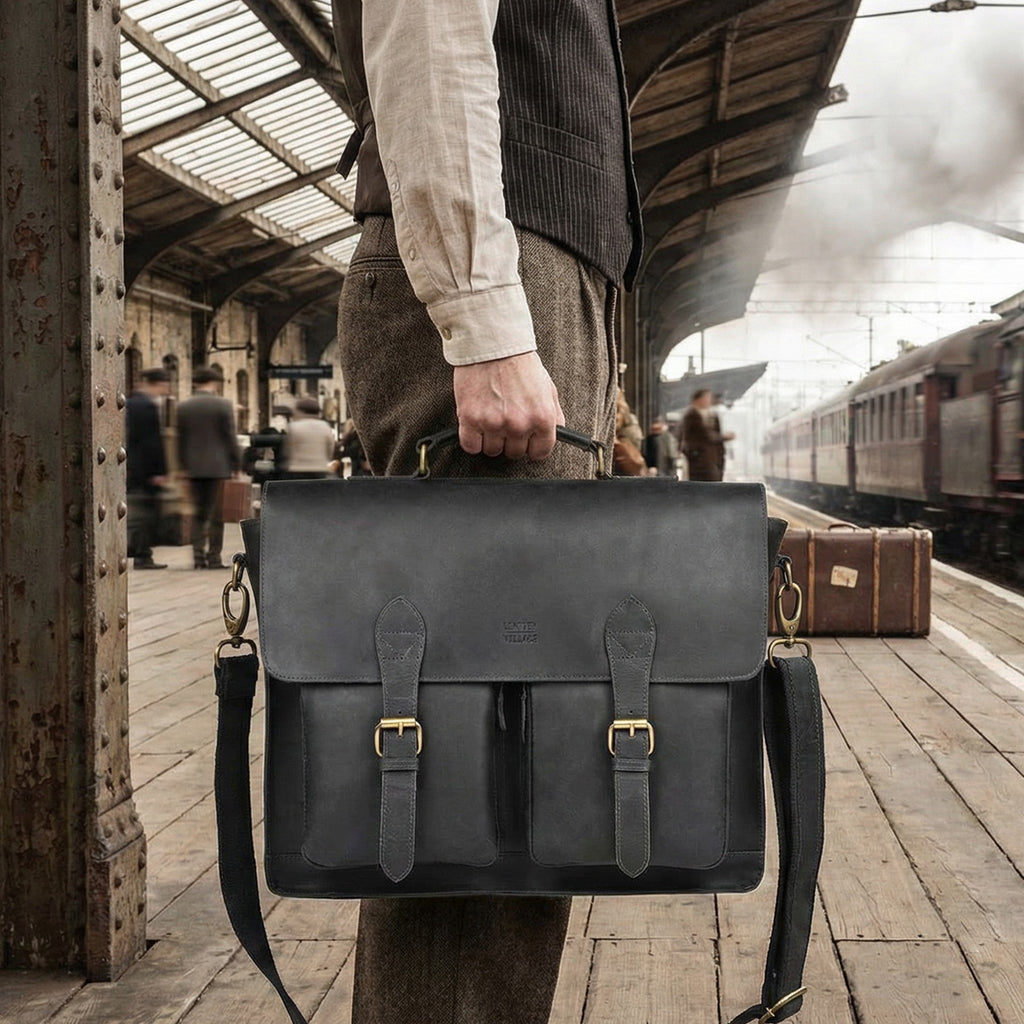 Briefcase Leather Messenger Bag - Black