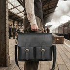 Briefcase Leather Messenger Bag - Black