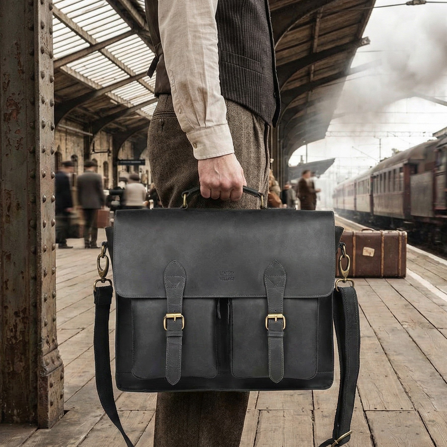 Briefcase Leather Messenger Bag - Black