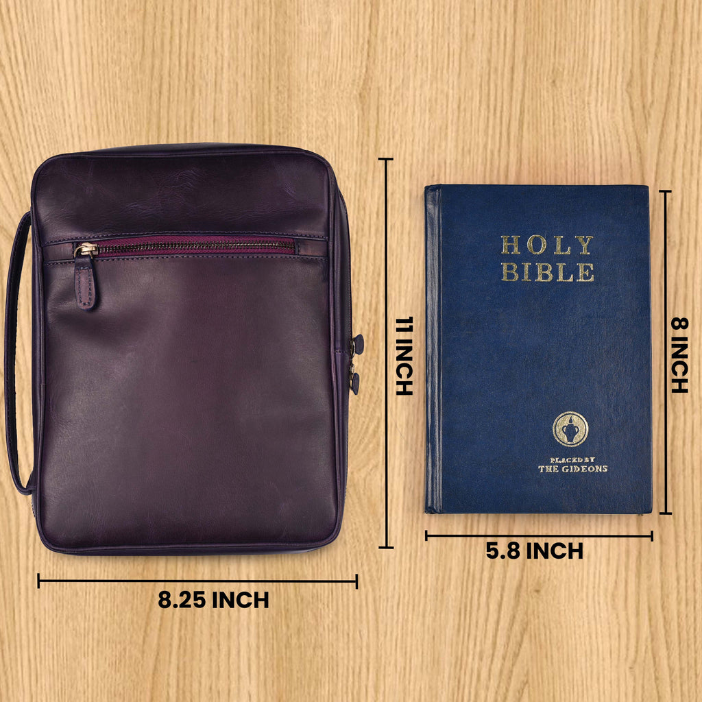 Elegant purple leather Bible holder with storage pocket