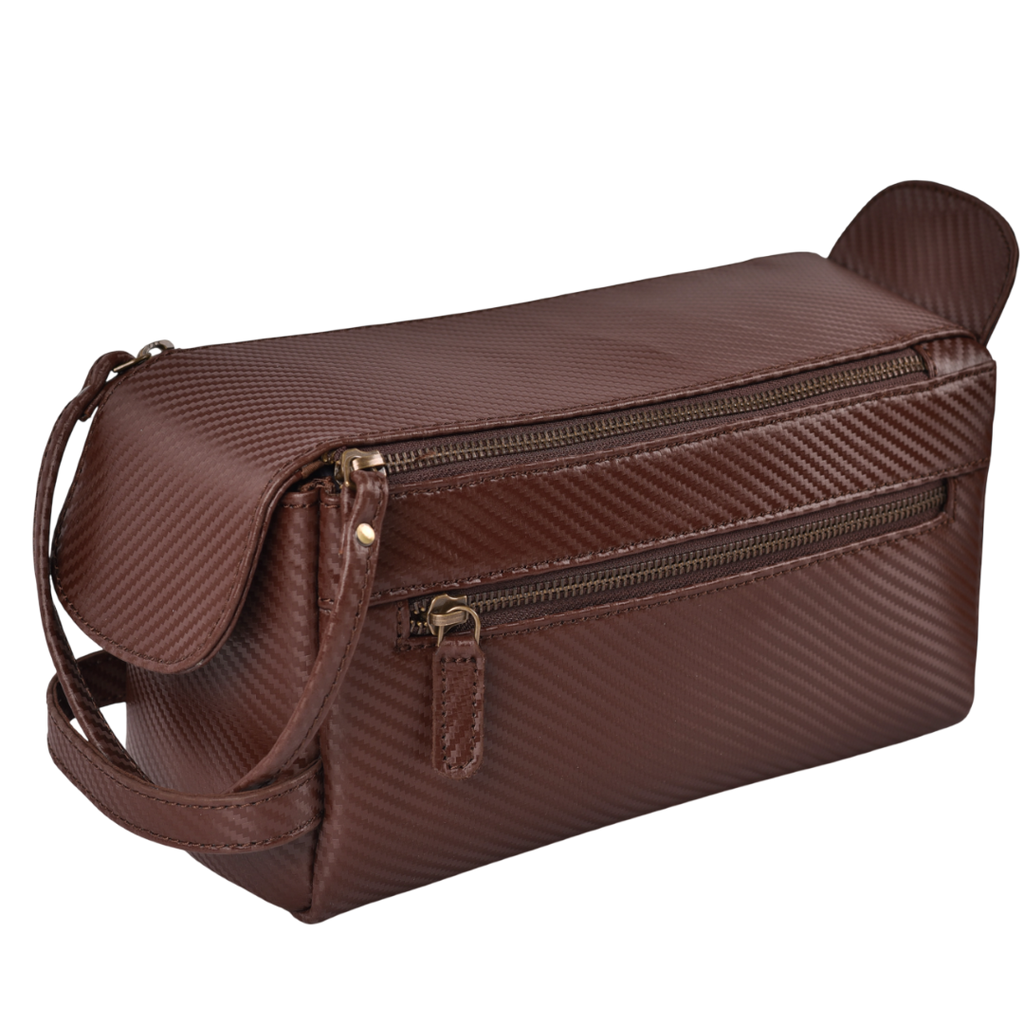 Brown Carbon Fiber  Leather Toiletry Bag For Travel