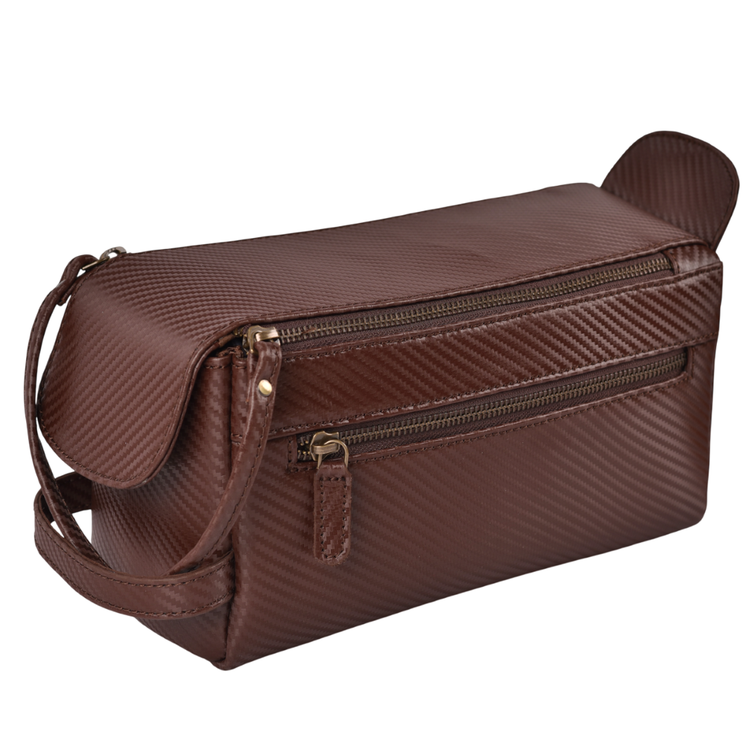 Brown Carbon Fiber  Leather Toiletry Bag For Travel