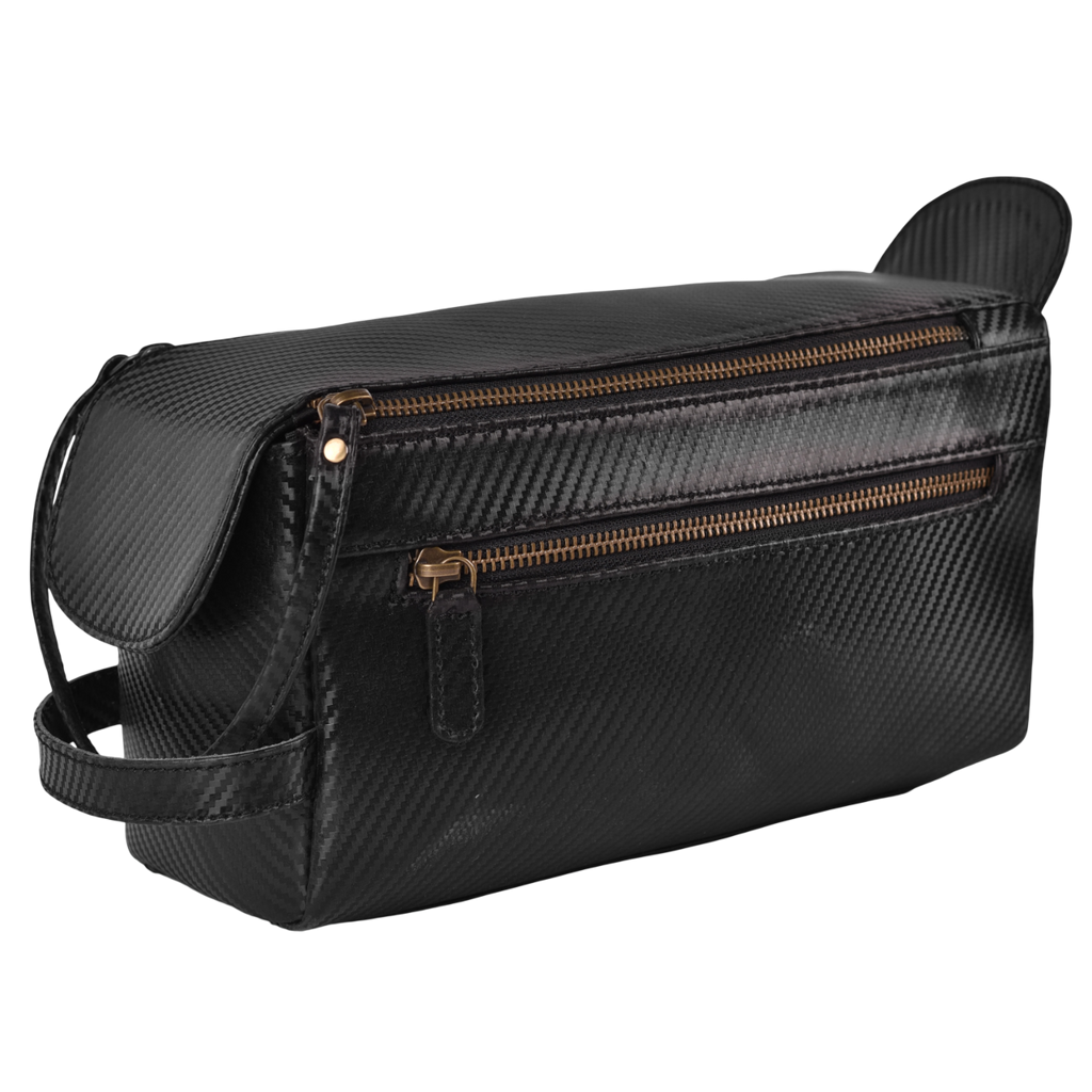 Black Carbon Fiber  Leather Toiletry Bag For Travel