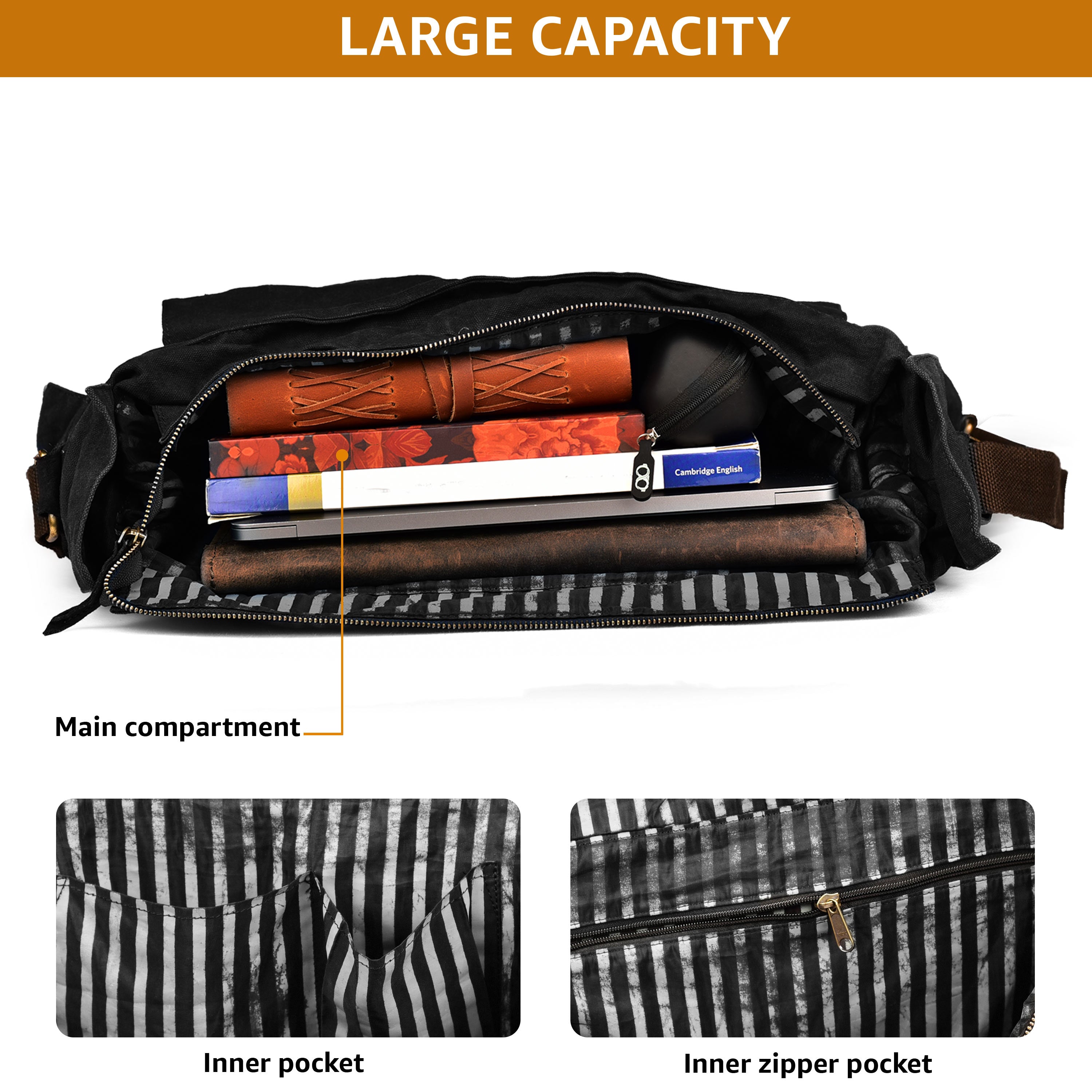 Canvas Messenger Shoulder Bag - Black