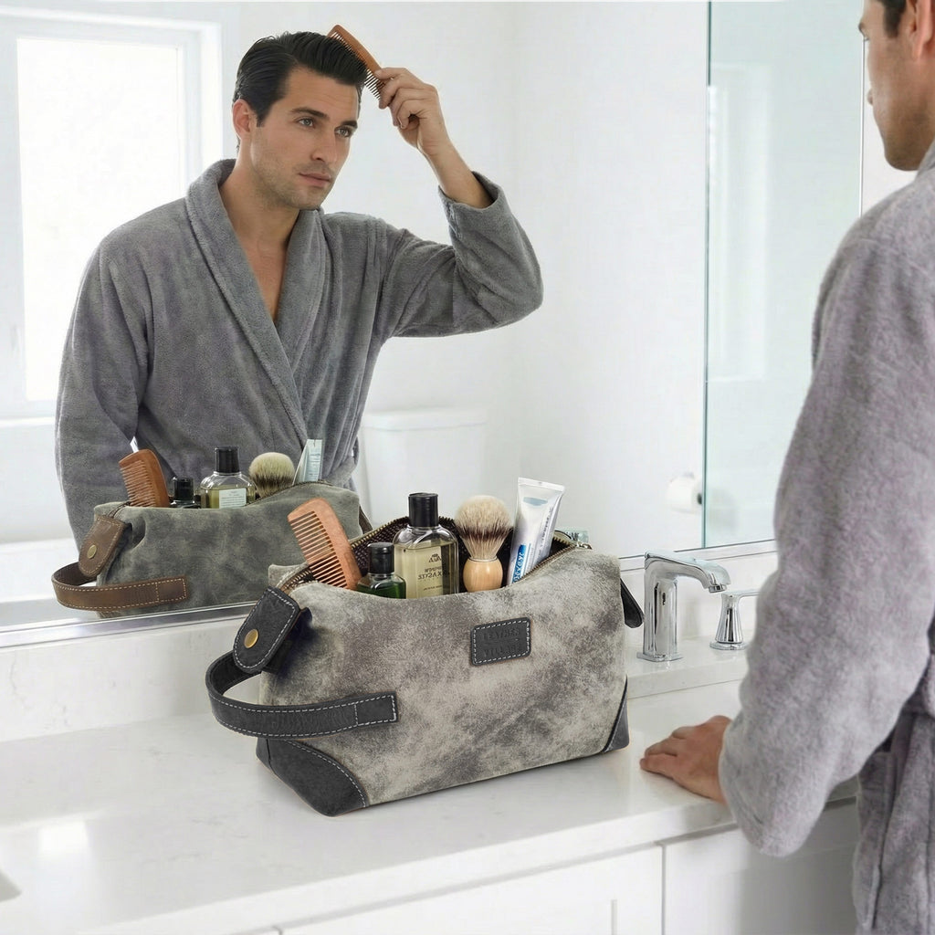 Leather Village Rustic Grey Leather Toiletry Organizer with Spacious Storage Compartments