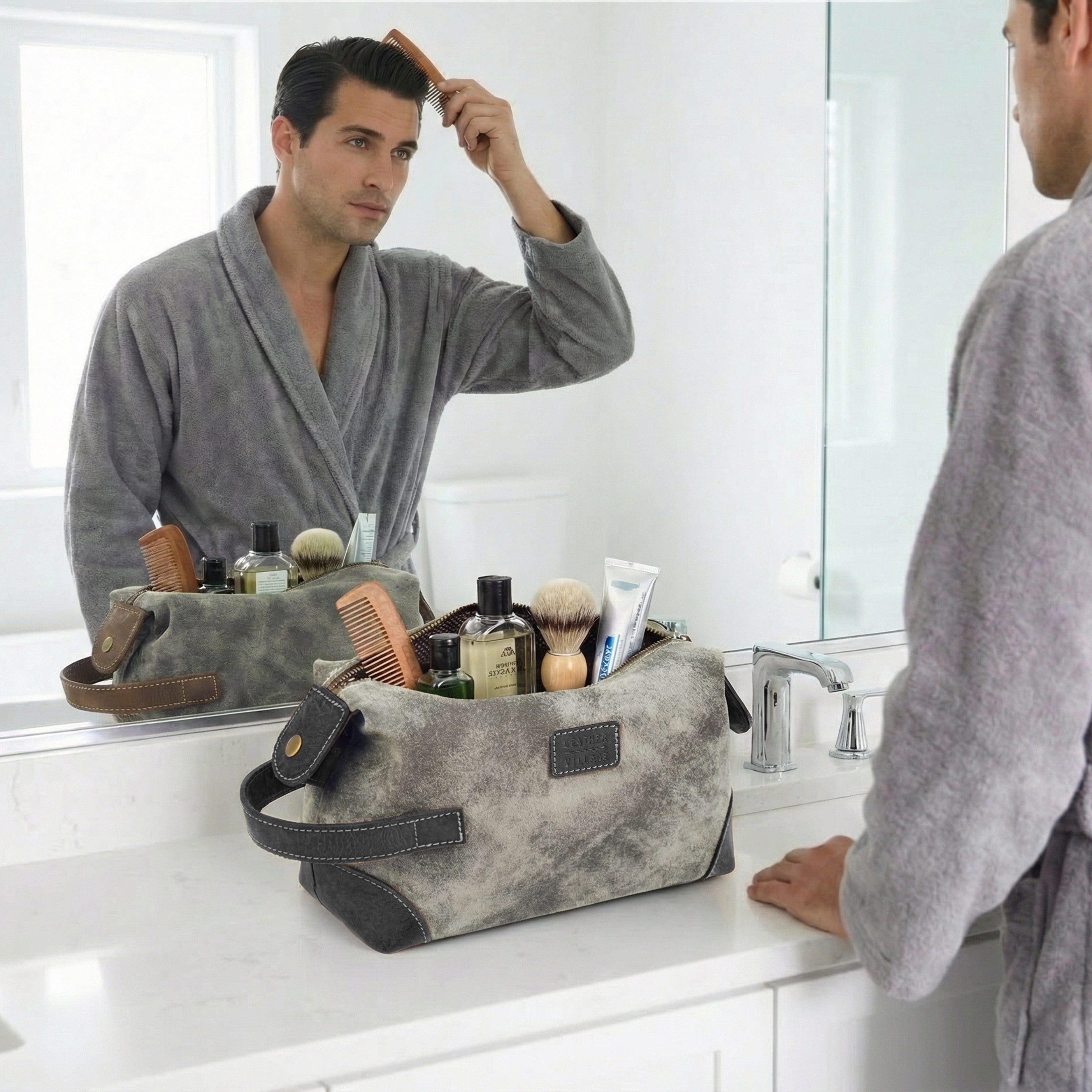 Leather Village Rustic Grey Leather Toiletry Organizer with Spacious Storage Compartments