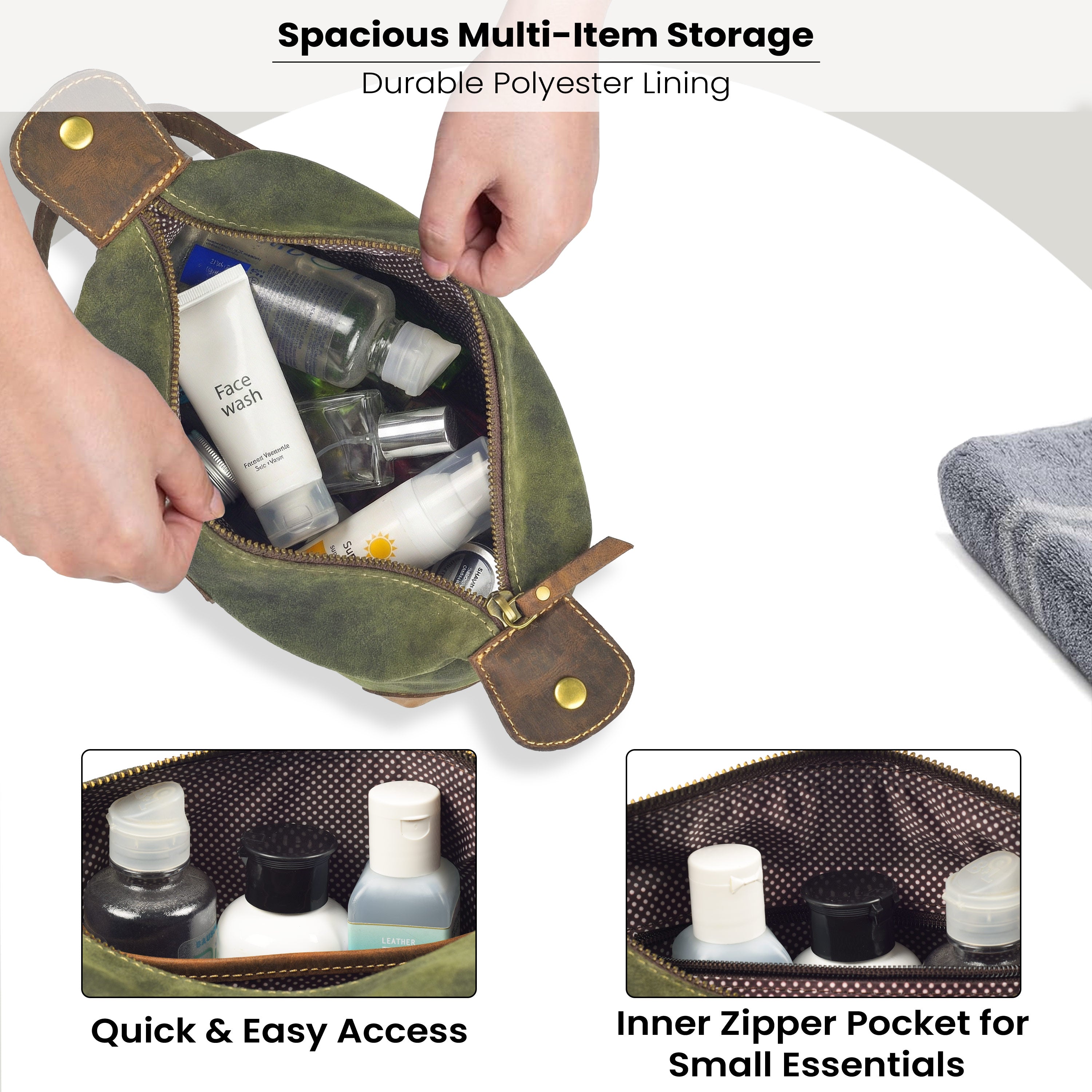 Leather Village Rustic Green Leather Toiletry Organizer with Spacious Storage Compartments