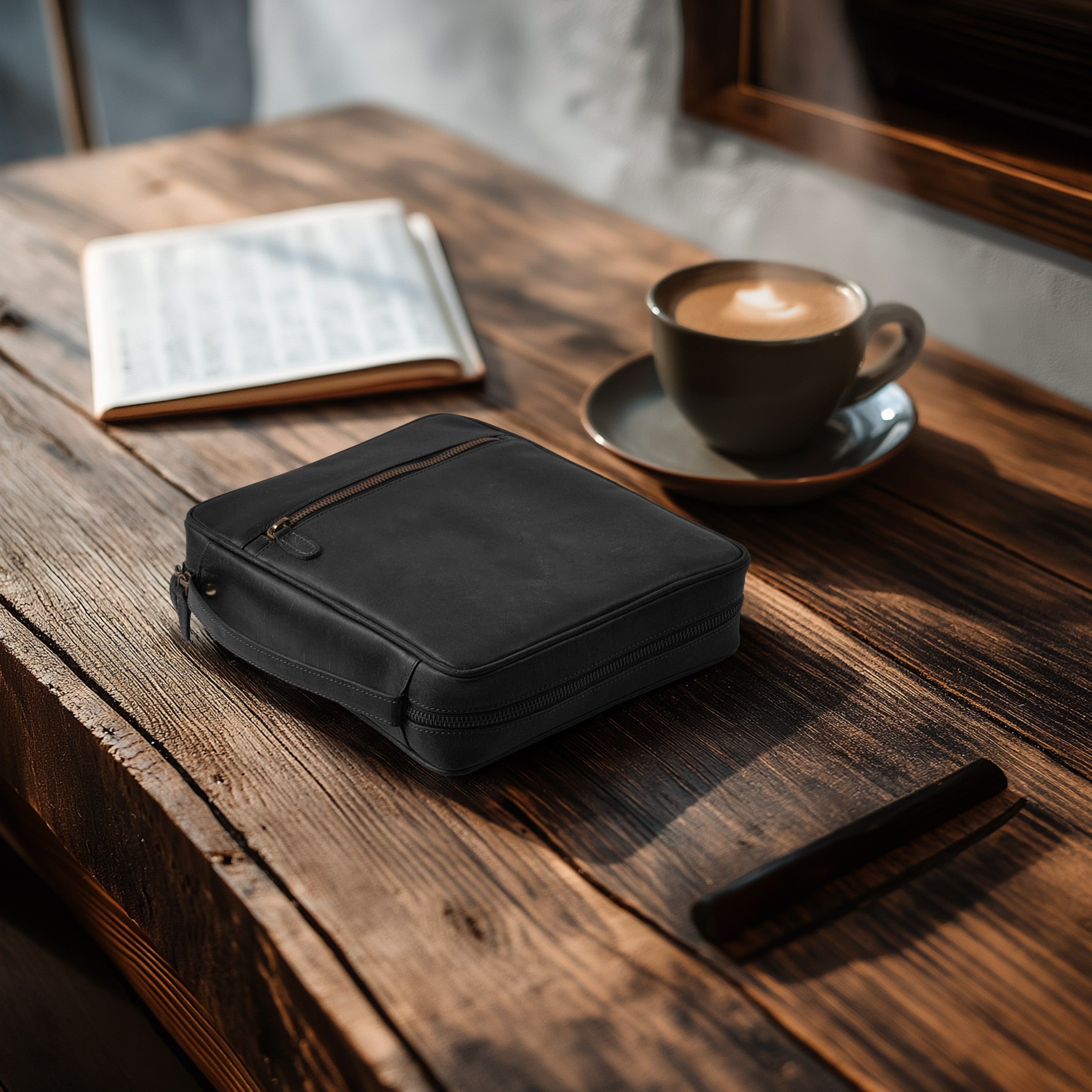 Black Leather Bible Cover with Zipper - Protective Bible Case