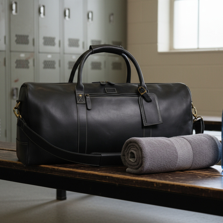 Leather Travel Duffel Bag - Black