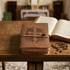 Vintage style brown leather Christian Bible with cross embossing