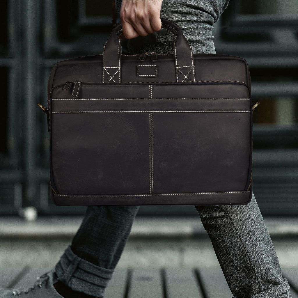 Leather Laptop Messenger Briefcase Bag - Black