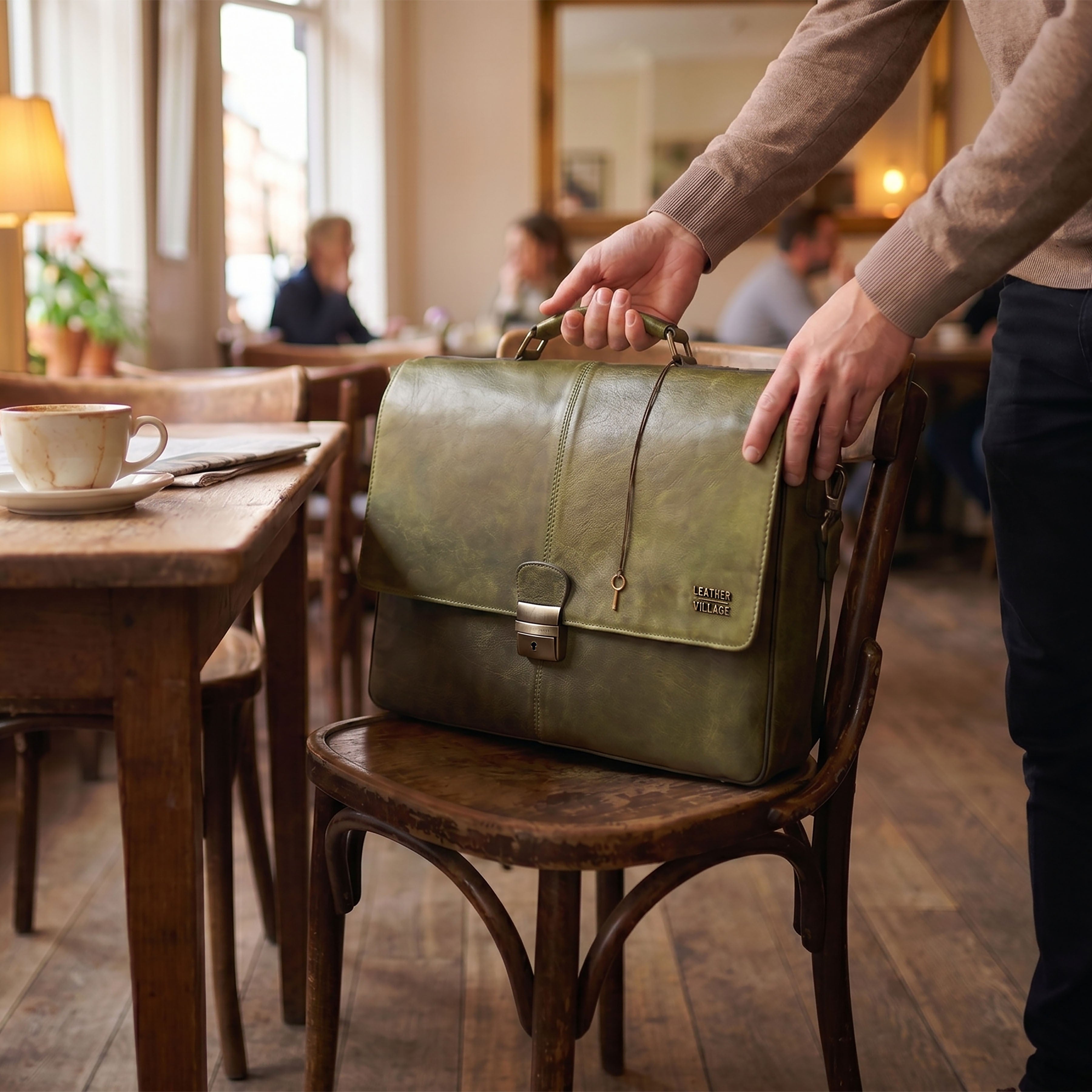 Leather Messenger Bag for Men & Women - Olive