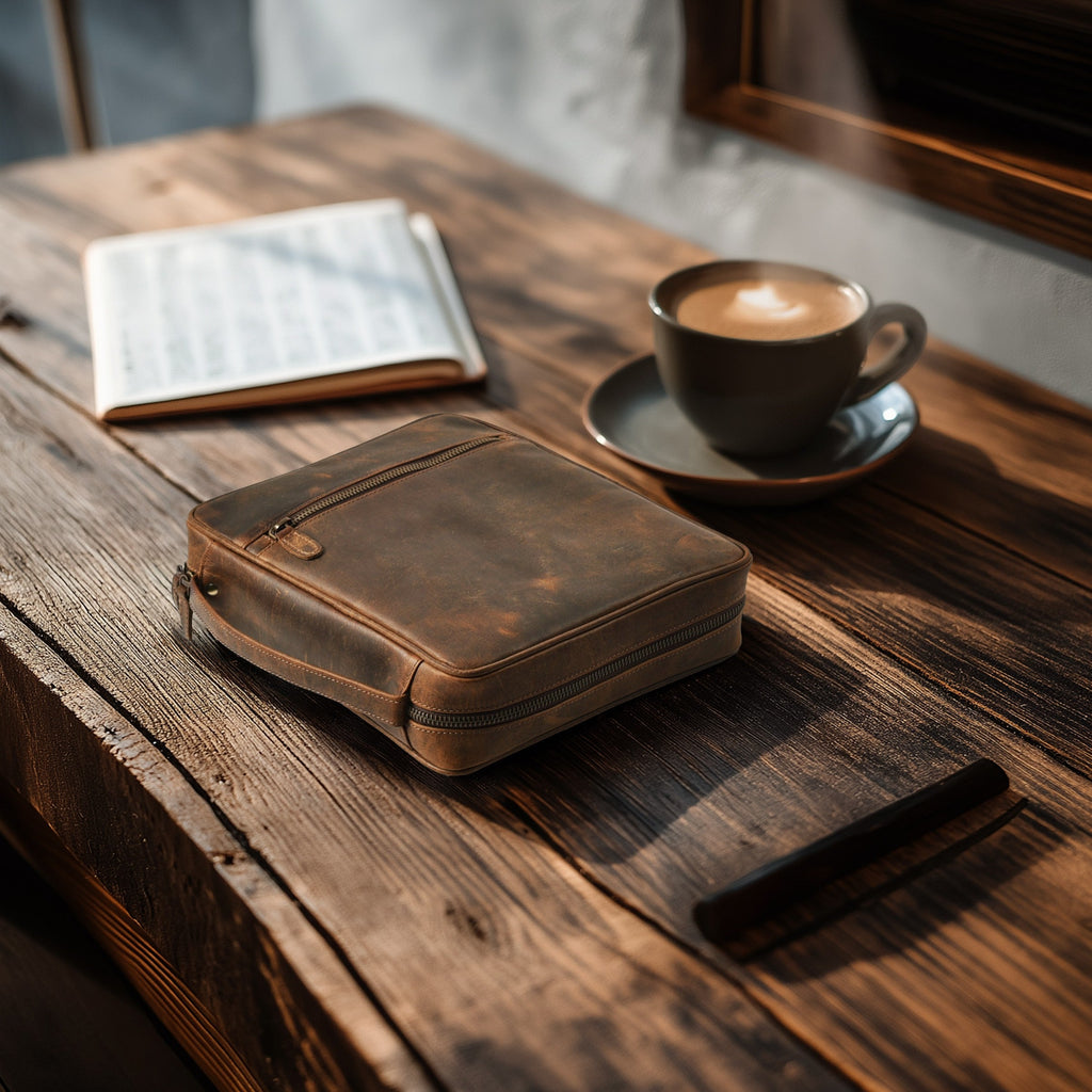 Distressed Brown Leather Bible Cover with Zipper - Protective Bible Case Leather Village