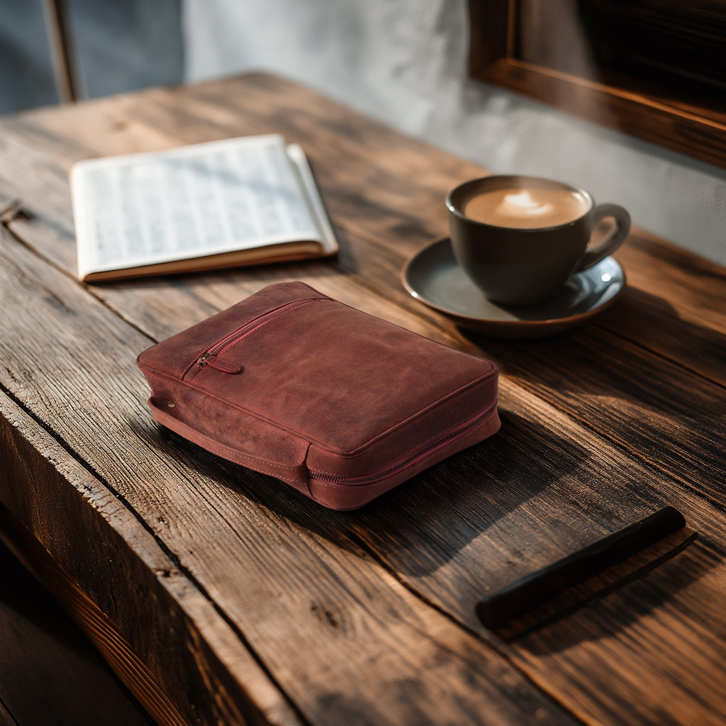 Full grain burgundy leather Bible case with handcrafted finish