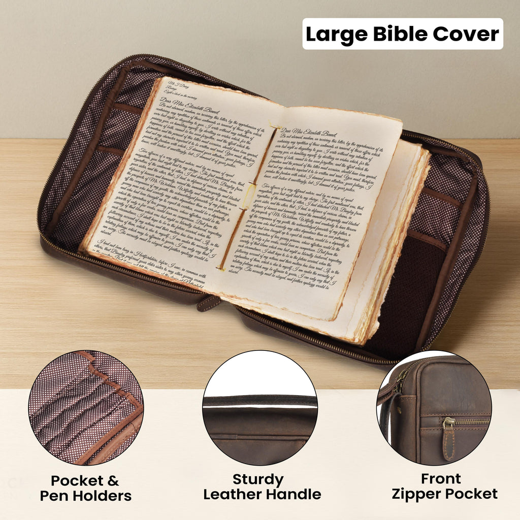 Full grain dark brown leather Bible case with handcrafted finish